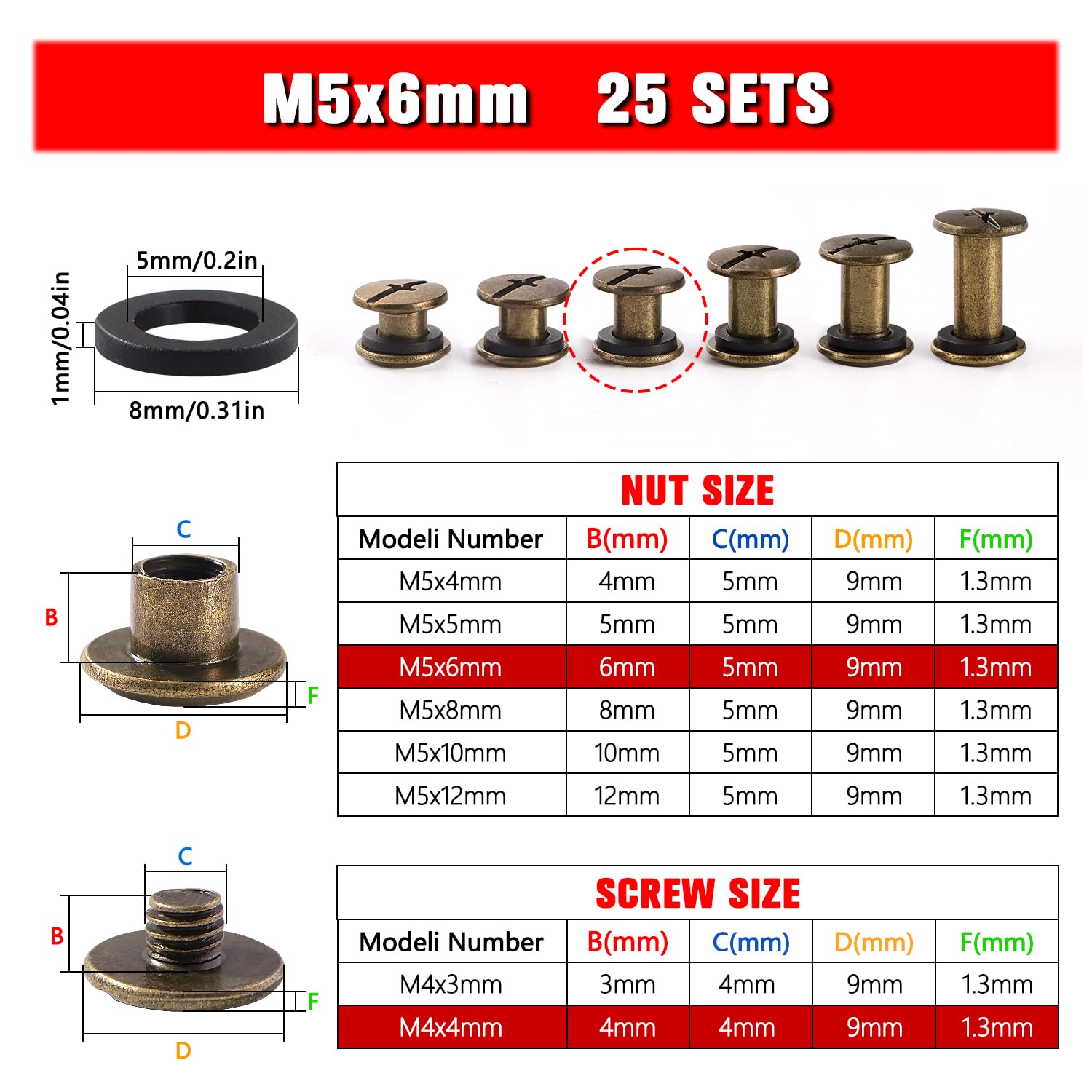 YIXISI 25 Set M5x6mm Chicago Binding Screws Kit, Book Binding Rivets, Leather Rivets, Binding Screws Posts - Image 2