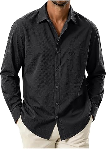 Mens Shirts Long Sleeve Casual Textured Pocket Button Down