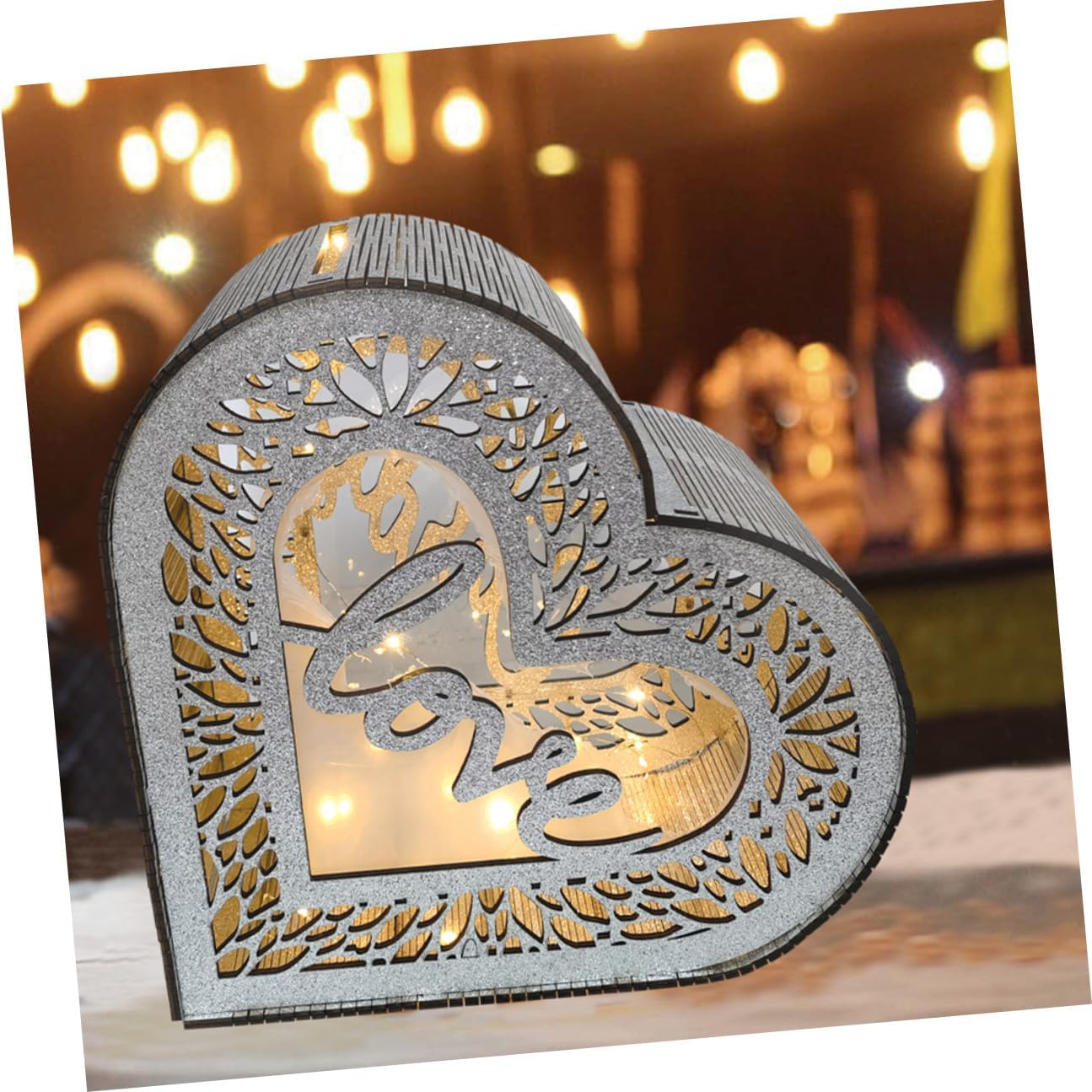 POPETPOP Heart Wooden Card Box with Hollow Glitter Design, Wood Storage Box for Blessing Cards and Envelopes, Wedding Anniversary Valentine’s Day Party Decoration