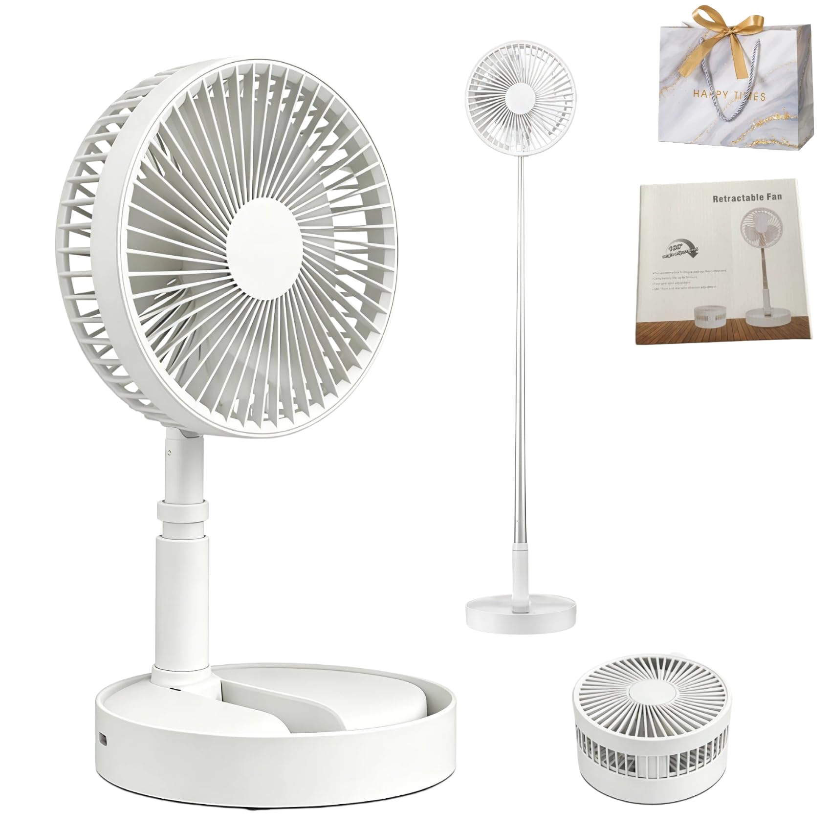 Portable Foldable Fan, 3-in-1 Reargeable Pedestal & Desk Fan, Foldable Telescopic Pedestal Fan with 4 Speeds 180° Rotation, Quiet USB Desk Floor Cooling Fan for Bedroom Home Office，white