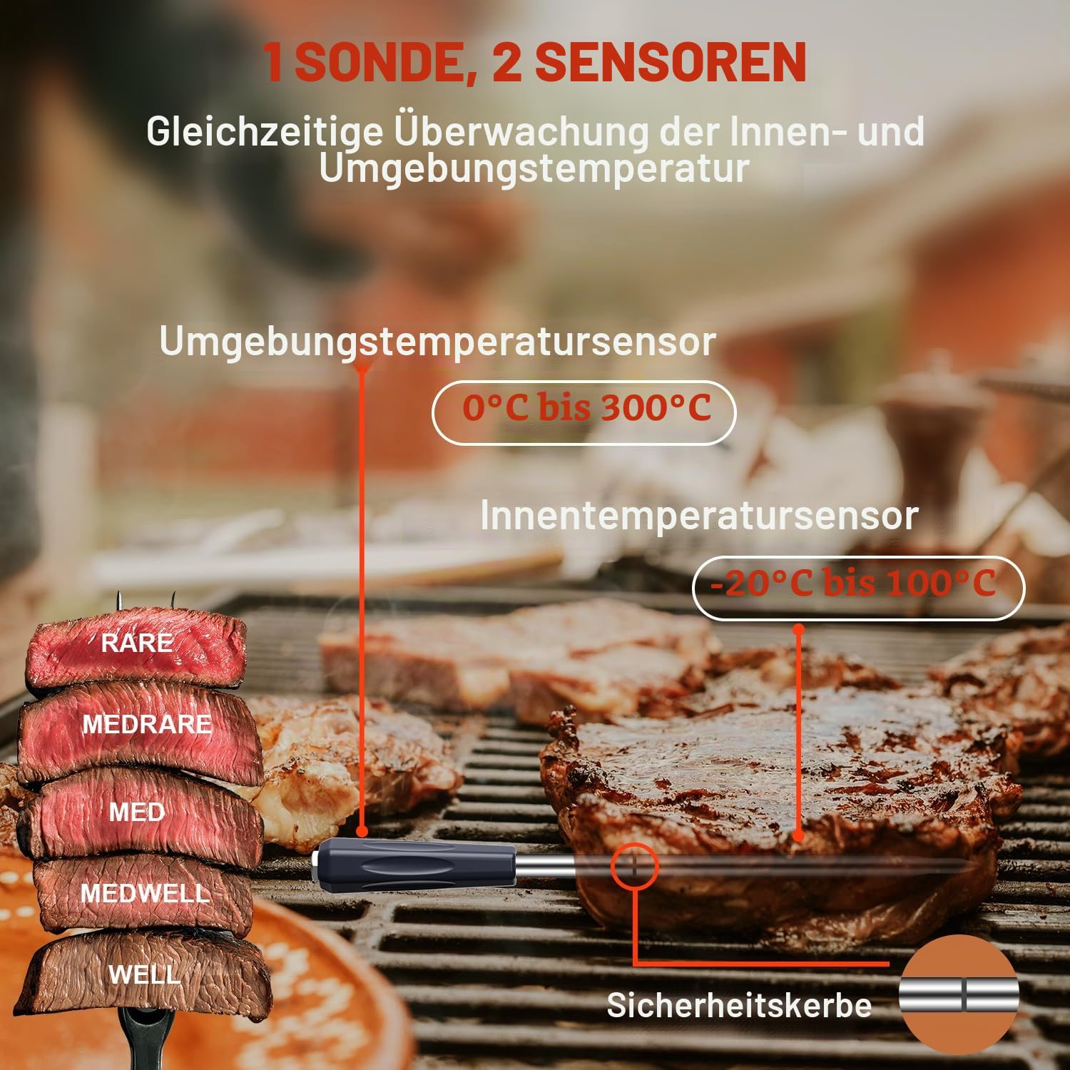 GRAM PRES Kabelloses Fleischthermometer, digitales Kochthermometer mit kabelloser Sonde & 500ft Reichweite Lebensmittelthermometer, iOS & Android App, vorprogrammierte Temperaturen für BBQ, Backofen,