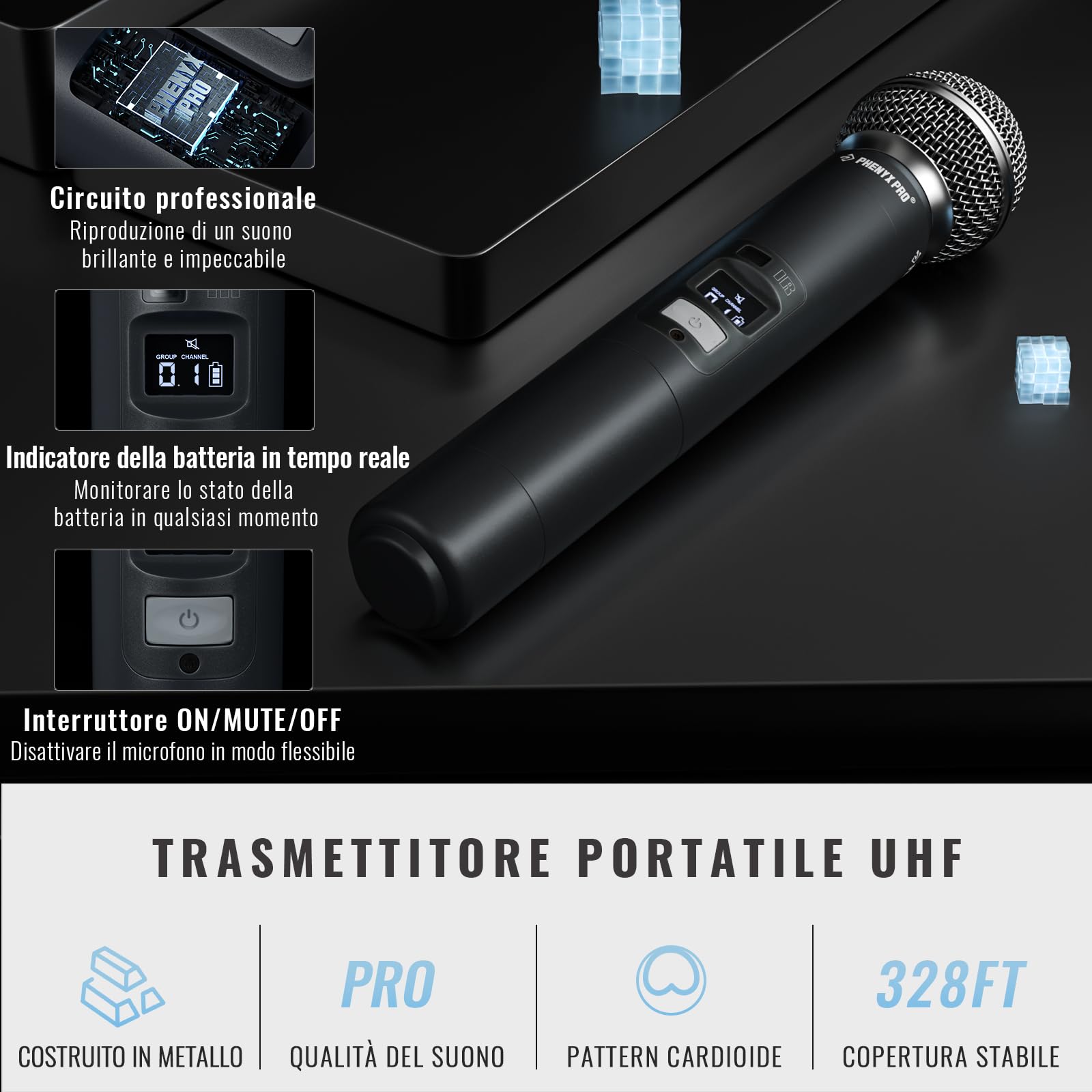 Phenyx Pro Sistema Microfono Wireless UHF a 8 canali PTU-6000-8H | Auto Scan, 8 microfoni dinamici, 8 × 40 frequenze, portata 328 ft, voce live, culto, karaoke