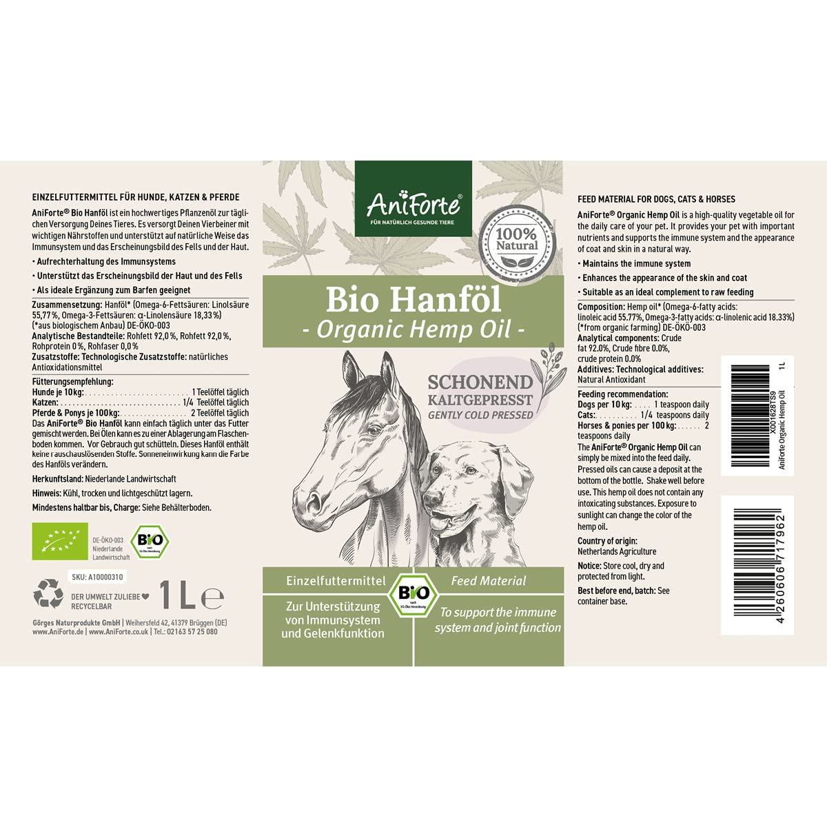 AniForte Huile de Graines de Chanvre Bio 1 L pour Chiens & Chevaux – Pressée à Froid, Pure et Naturelle, Complément Alimentaire sans Additifs