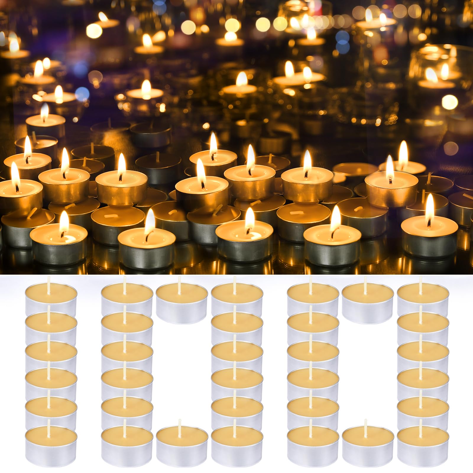 Natural Organic Beeswax Tealight Candles in Metal Aluminum Cup, Mini Beeswax Candle Bulk Unscent Smokeless 4+ Hours Burning - Yellow, Pack of 100