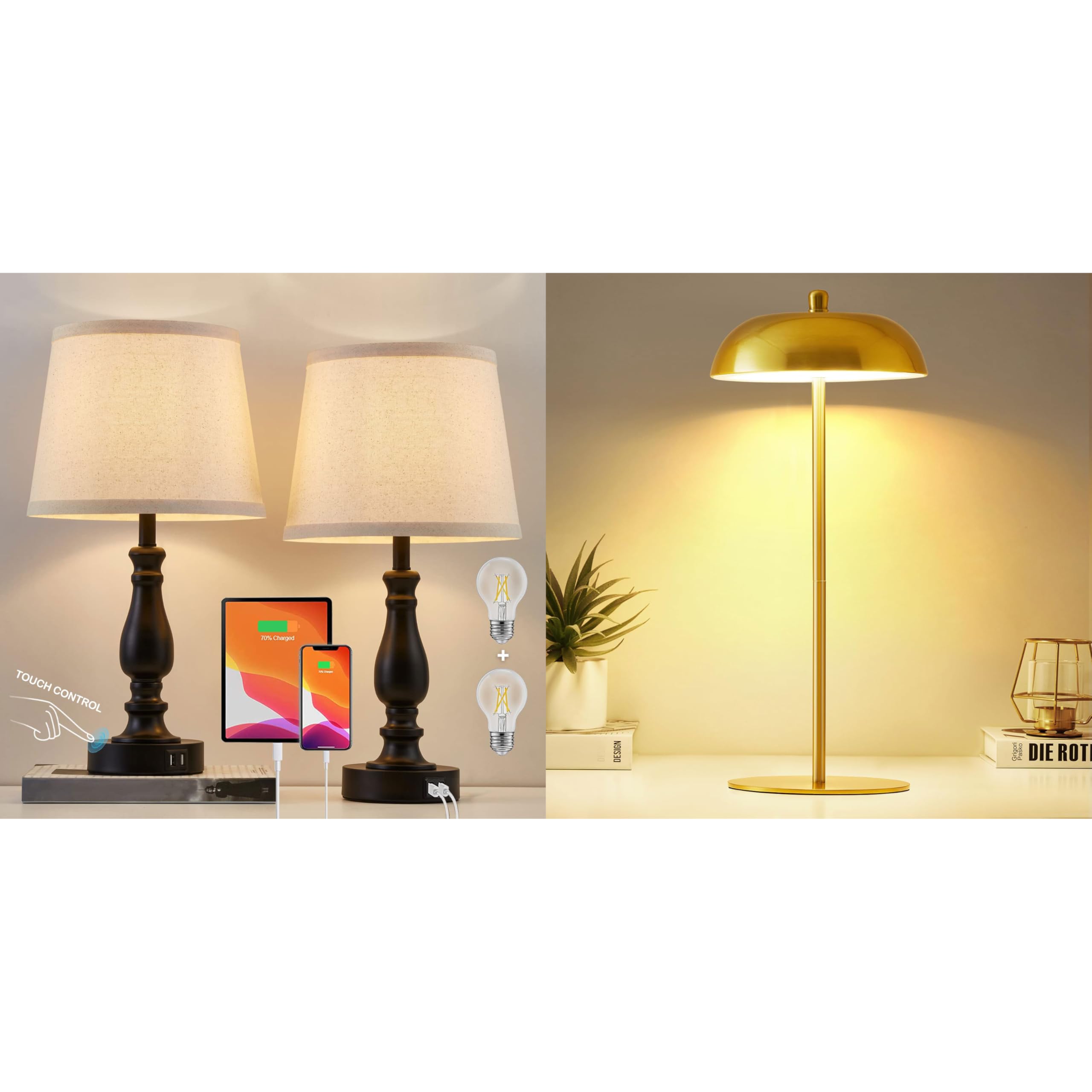 EJIAXINTouch Bedside Table Lamps for Bedrooms Set of 2+1 Pack Gold Cordless Table Lamp Rechargeable for Living Room, Bedroom, Office