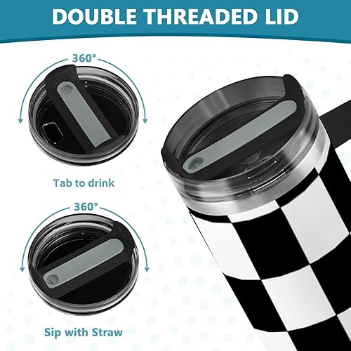 Miniatura 5 de Botella de agua reutilizable al vacío a cuadros en blanco y negro con asa y tapa de pajita, taza decorativa de oficina para agua, té helado o café,