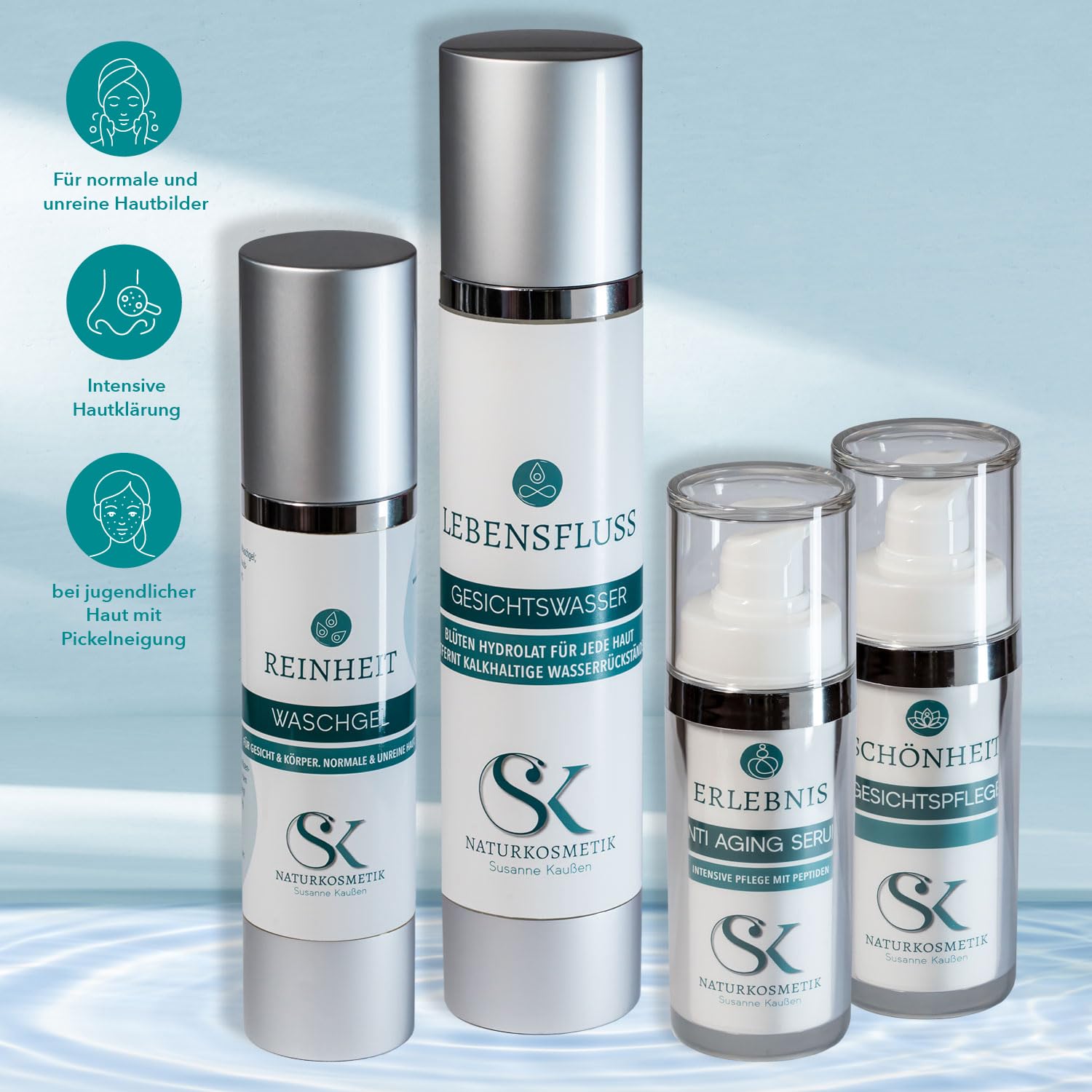 SK Naturkosmetik Bundle für unreine Haut – 4-teiliges Set mit Waschgel, Gesichtswasser, Anti-Aging Serum & leichter Creme – natürliche Gesichtspflege bei Pickeln & Unreinheiten – Made in Germany