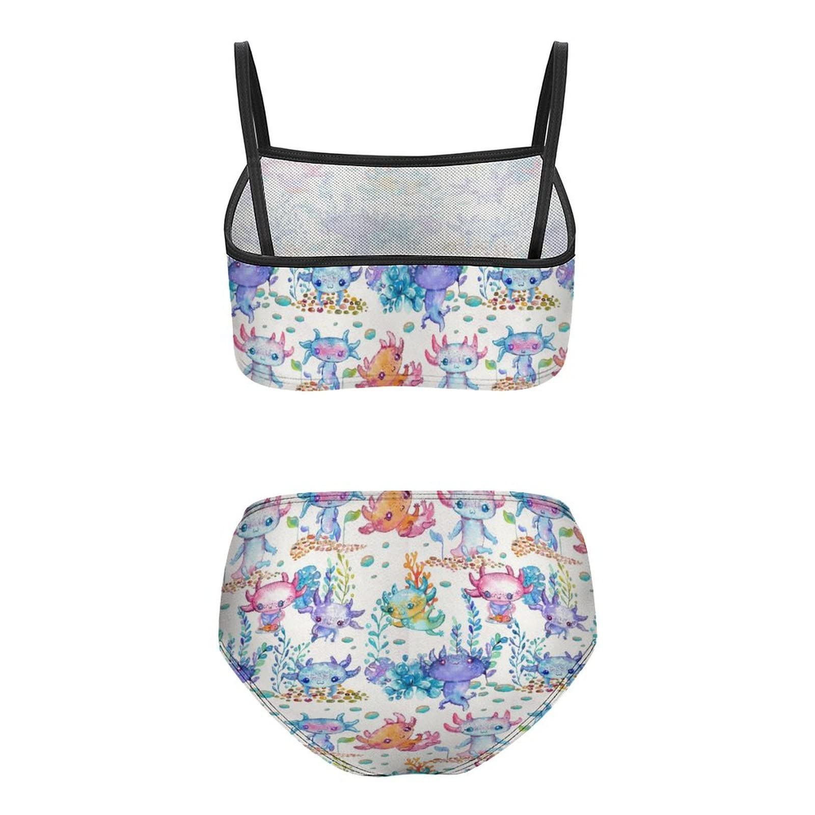 Watercolor Cute Axolotl Characters Girl's Two Piece Swimsuit Beach Sport Swimwear Bikini Set Bathing Suit 7-9Y?120cm?