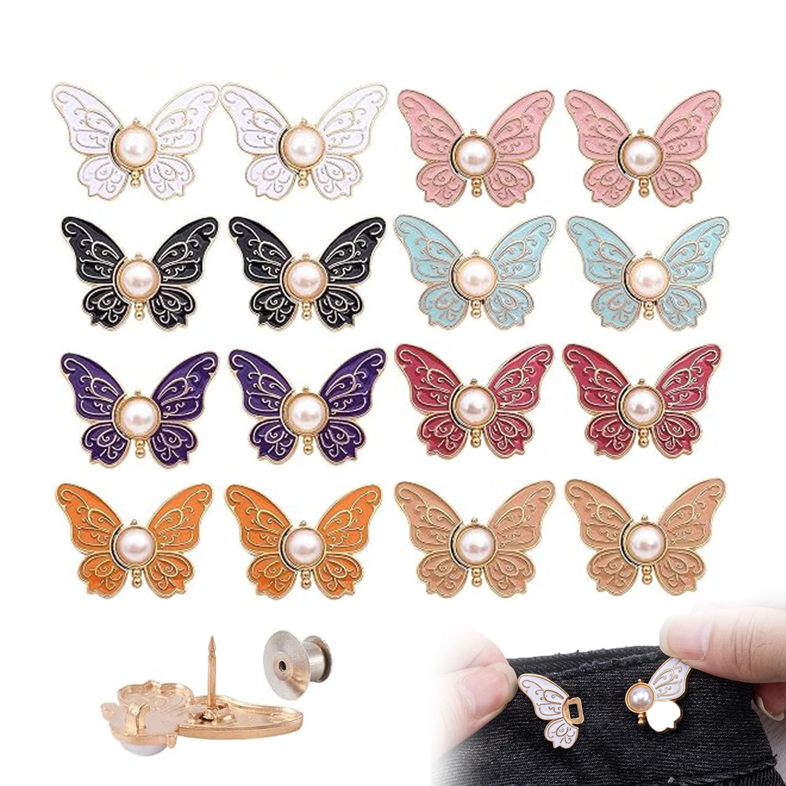 OADAA 16Pcs Butterfly Waist Buckle, Butterfly Pants Clips For Waist, Alloy Butterflys Adjustable Buckle Set, Detachable Button Pant Waists Tightener Clips For Dress Blouses Jackets Coats (Set A)