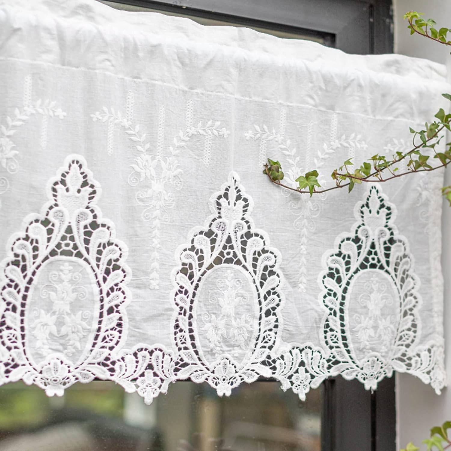 Short Curtain for Small Window Retro Rustic Farmhouse Opaque Cotton White Floral Embroidered Lace Window Treatment Valance Window Panel Drapes Half Curtain for Kitchen Café Bedroom