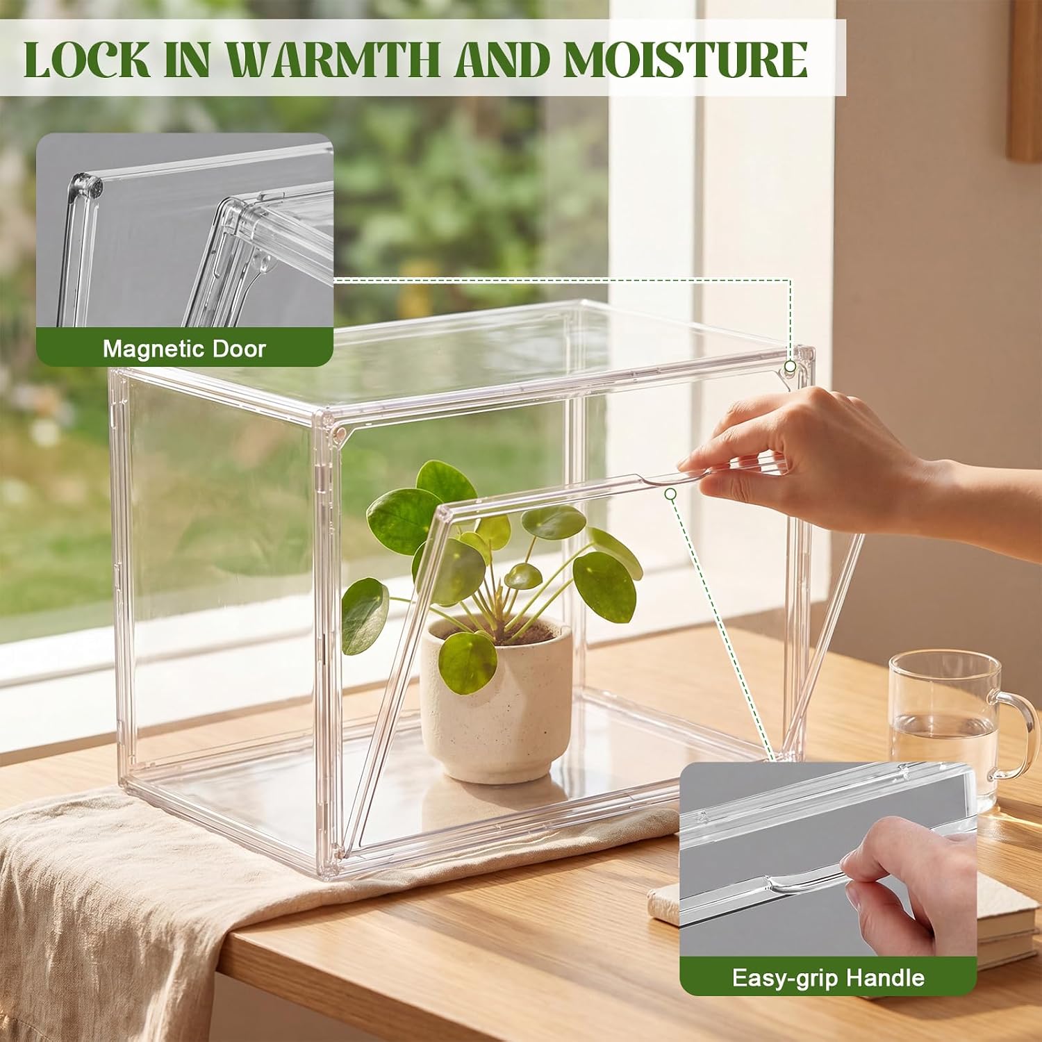 Novabright Mini Greenhouse Indoor, Clear Portable Tabletop Green House with Magnetic Door for Seed Starting, Plant Grow Warmer and Home Gardening Display (14.1 x 10.6 x 9 Inch) image 4