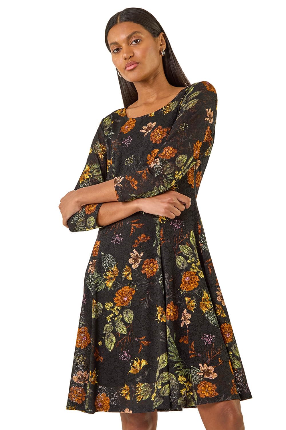 Roman Women's Orange Floral Print Lace Stretch Dress In | : Size 18