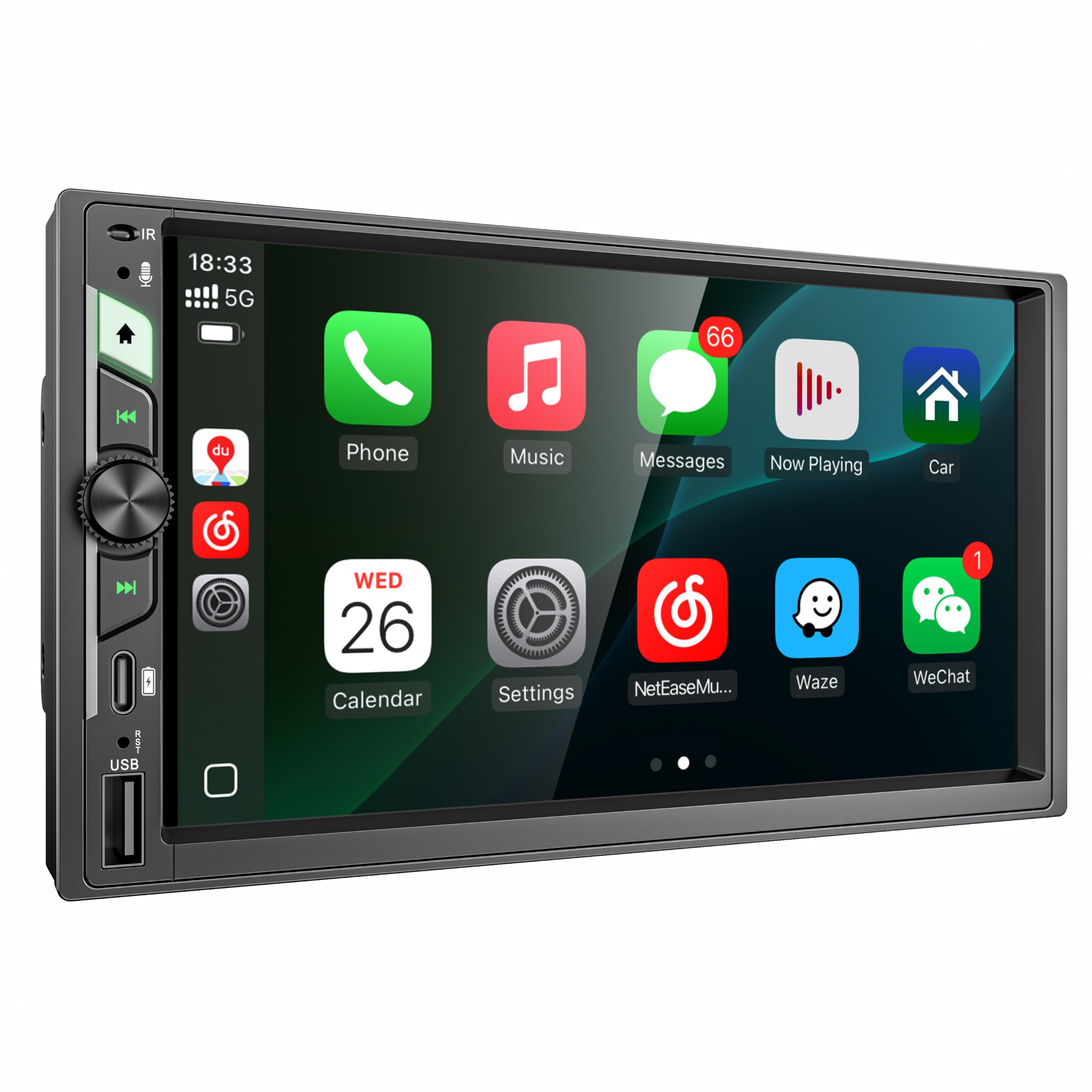 7'' Double Din Car Stereo with Wireless Apple CarPlay & Android Auto, Wireless Airplay & Mirror Link, 1024x600 HD Touchscreen, 240W, Bluetooth, 12-LED
