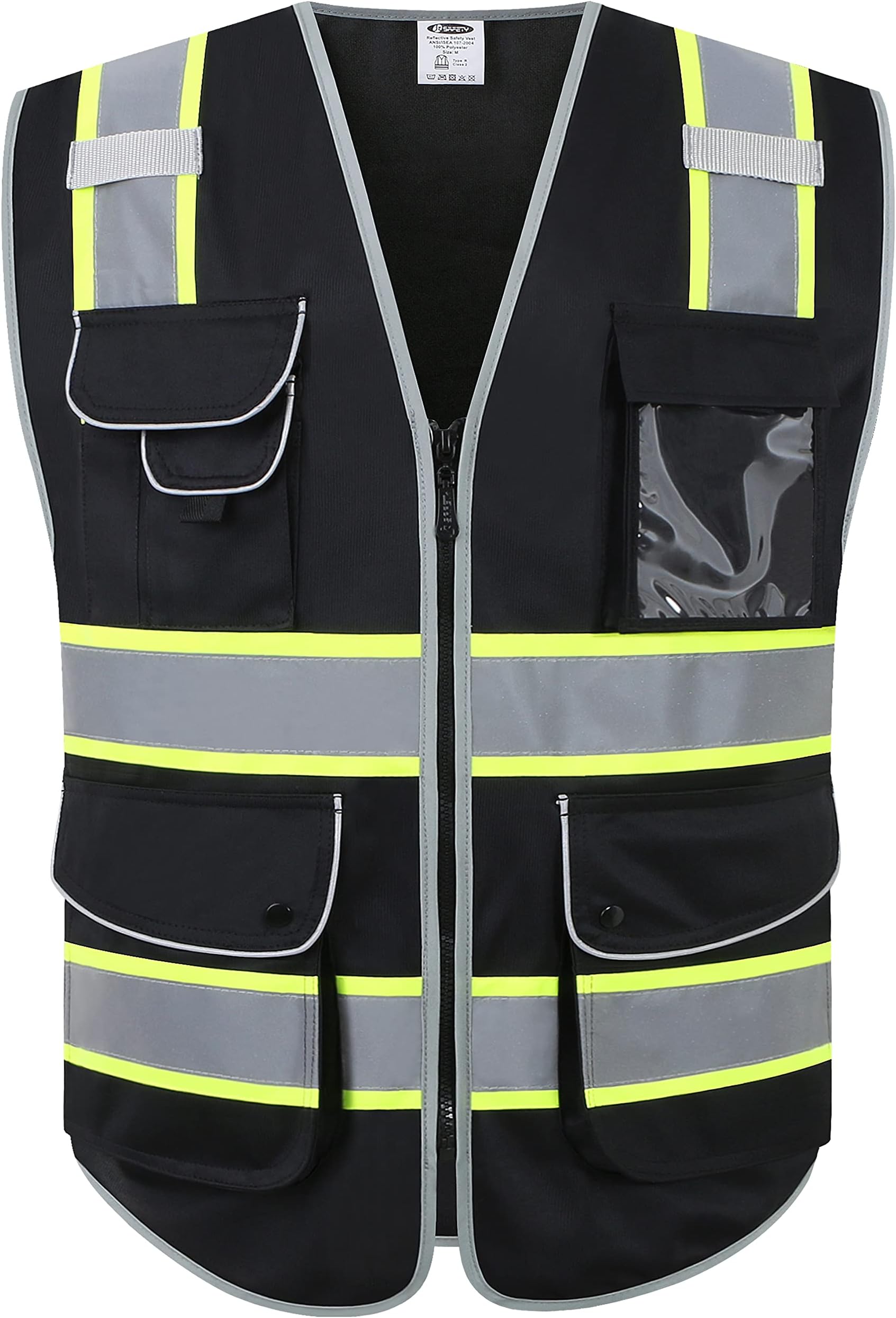 JKSafety 9 Pockets Hi-Vis Black Color Zipper Front Safety Vest Fluorescent Yellow Strips outlining the Reflective Tapes ANSI/ISEA Class 1 (901-Black, Large)