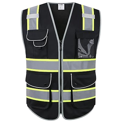 JKSafety 9 Pockets Hi-Vis Black Color Zipper Front Safety Vest Fluorescent Yellow Strips outlining the Reflective Tapes ANSI/ISEA Class 1 (901-Black, XX-Large)