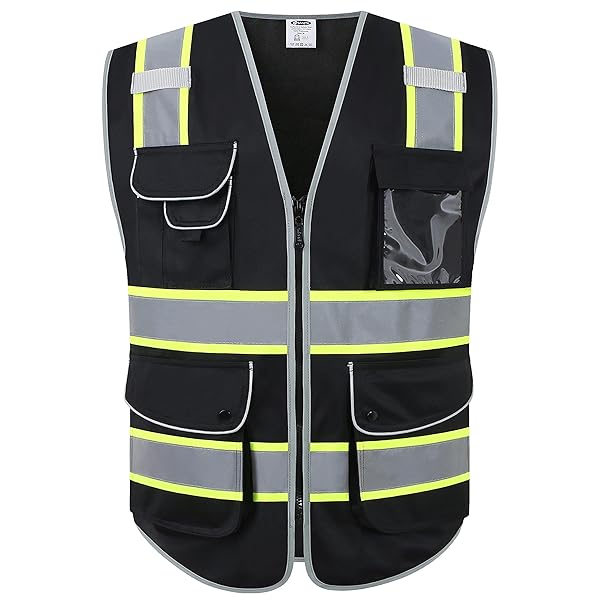 JKSafety 9 Pockets Hi-Vis Black Color Zipper Front Safety Vest Fluorescent Yellow Strips outlining the Reflective Tapes ANSI/ISEA Class 1 (901-Black, XX-Large)