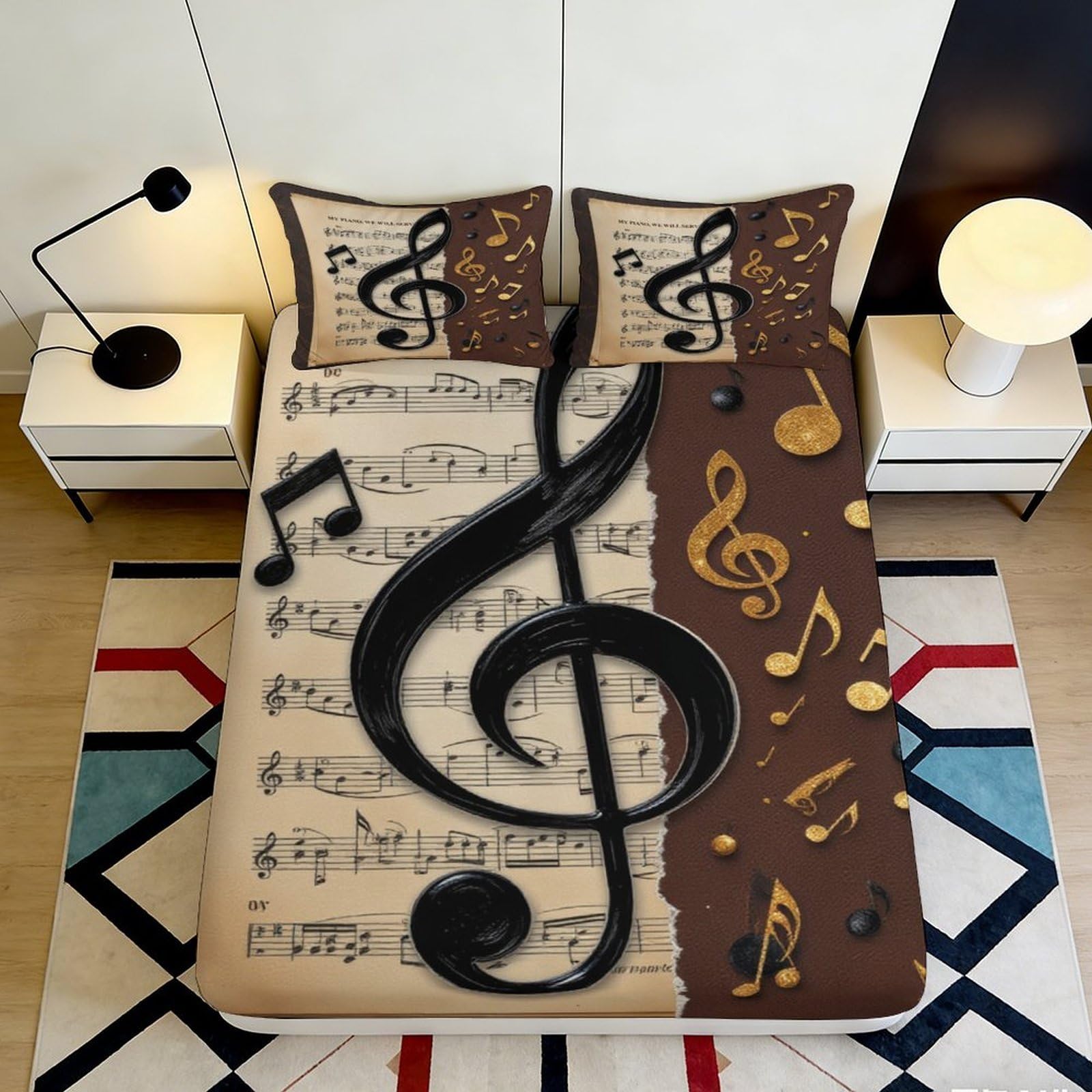 3D Printed musical notes Fitted Sheet, soft touch Microfiber, home decor piece, apartment bedding, stylish bed cover, wrinkle resistant, bedroom art 90x200x25cm