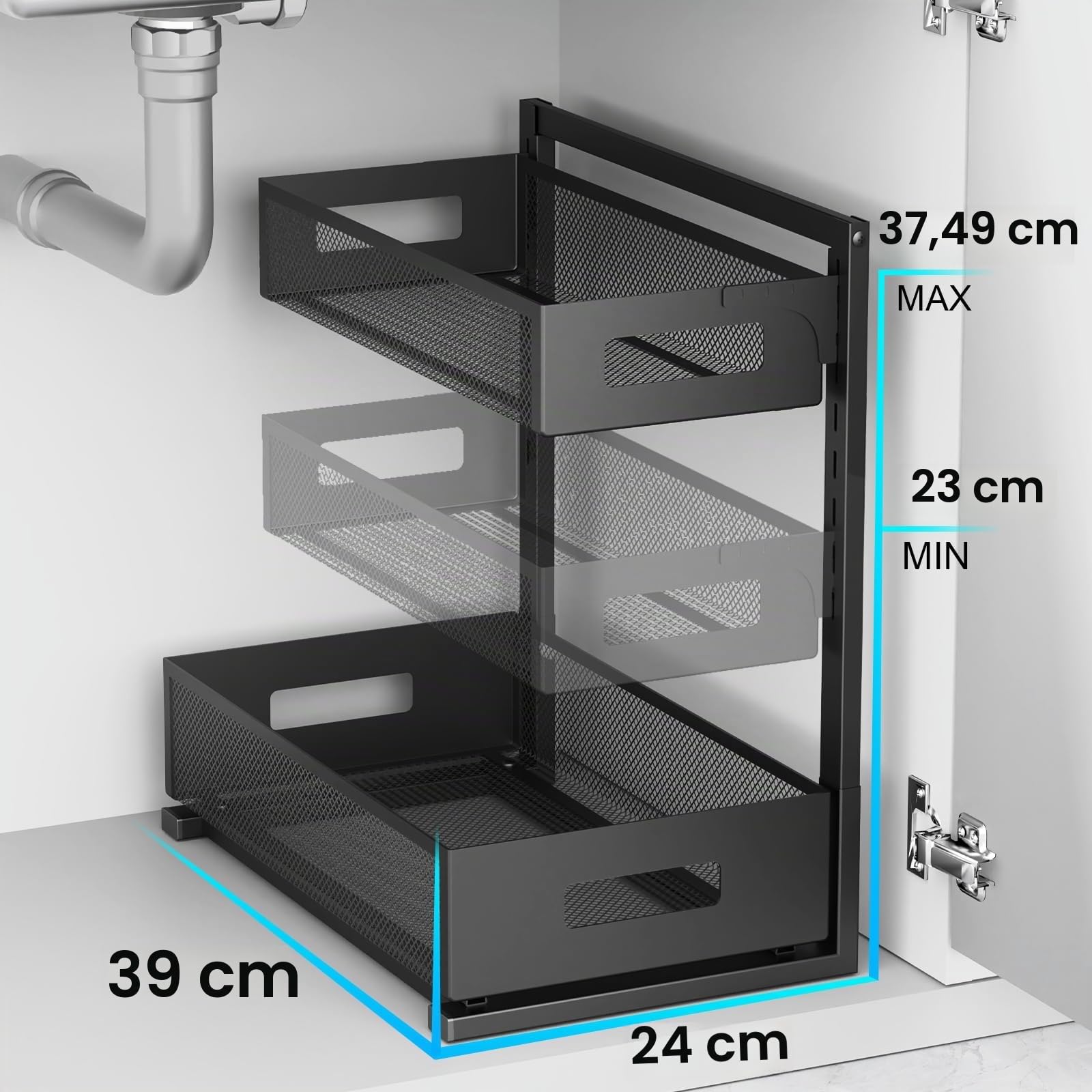 Petiza Organizer für unter der Spüle, ausziehbarer Schrank, Organizer, verstellbare Höhe, 2 Ebenen, Badezimmer-Organizer mit verschiebbaren Schubladen, Küchen-Organizer und Aufbewahrung,