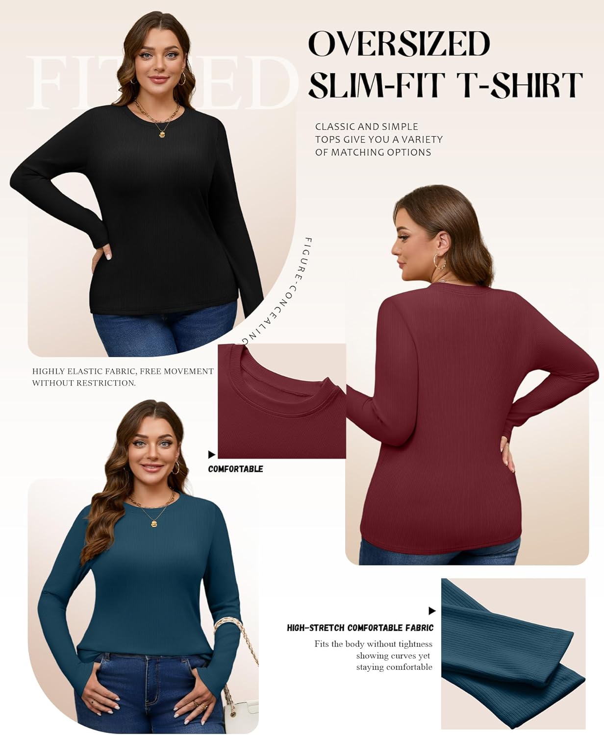 3 Pack Plus Size Thermal Shirts for Women Long Sleeve Ribbed Knit Underwear Tops Base Layer Tee - Image 5