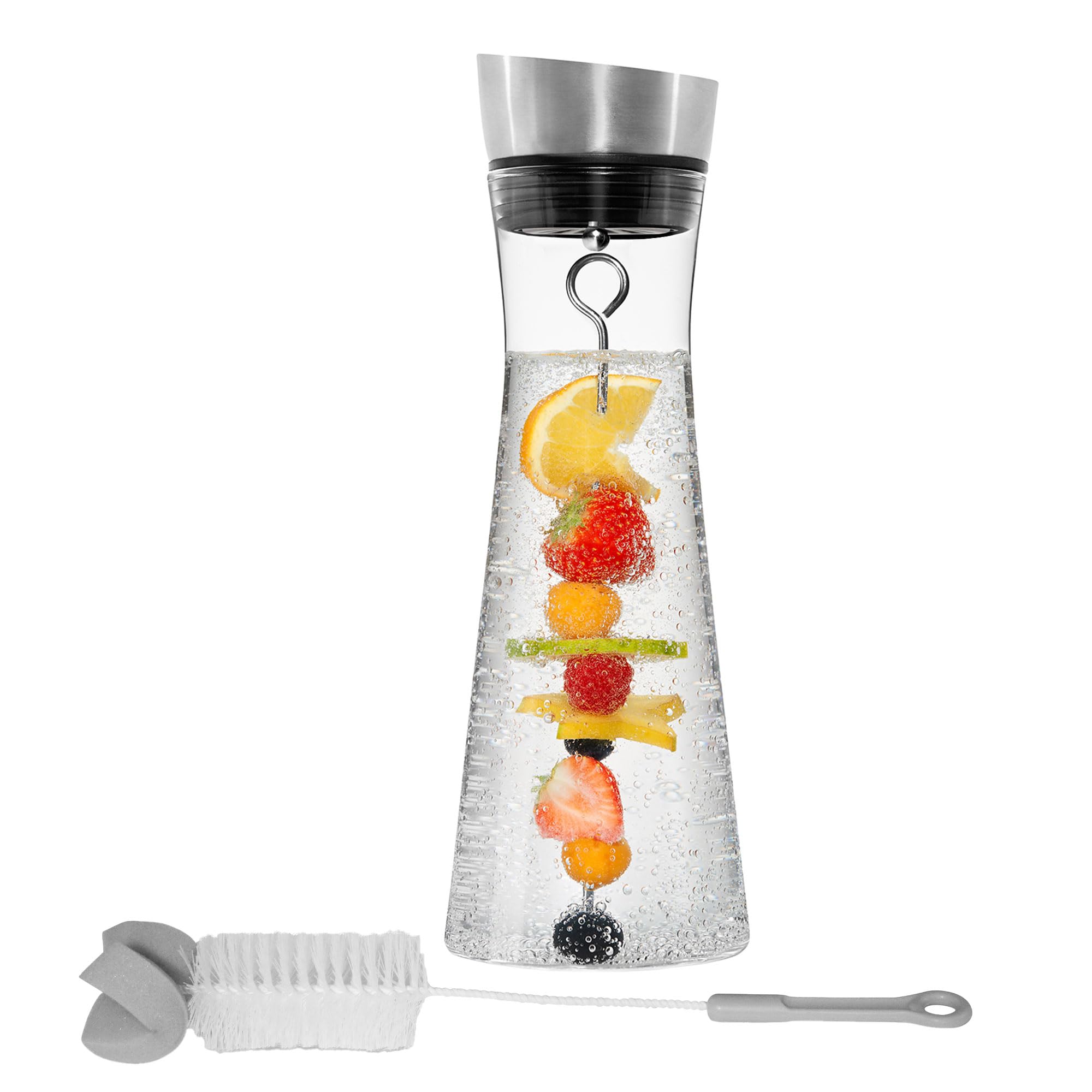 STONELINE Glaskaraffe 1 L mit Deckel aus Edelstahl Wasserkaraffe aus Borosilikatglas mit Fruchtspieß Spülbürste, Karaffe aus Glas für Heiße Kalte Hausgemachte Getränke Eistee Wein Kaffee Saft Limonade