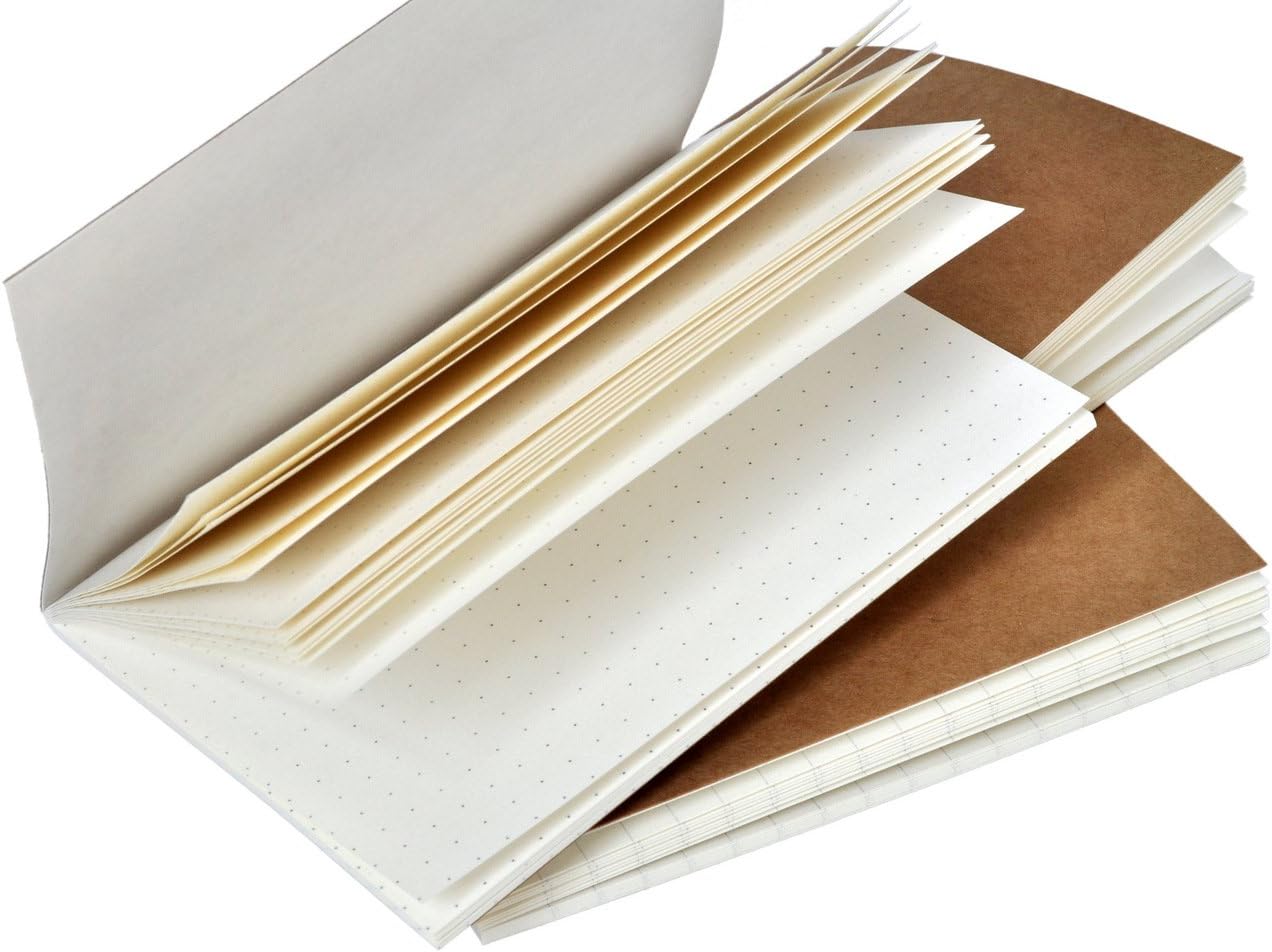 Travelers Notebook Inserts Passport Size Mixed Set of 3 (Dotted Blank Ruled) - Thick 100gsm Cream Paper - Refill for Leafpaq Leather Journal 5.3 x 4.1'', Total 192 Pages - Kraft Brown Soft Cover