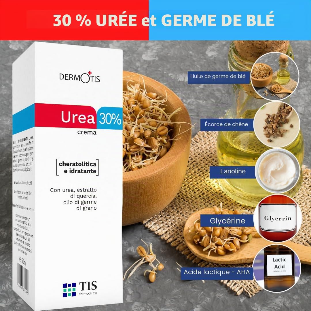 Crème D'Urée 30% - Élimine Les Cicatrices, L'Eczéma, La Kératose, Le Psoriasis, Éruptions Cutanées Pour Peaux Sèches Et Craquelées, Cutanées, Aide À Éliminer Cicatrices Cicatrisation Des Plaies Avec De L'Acide Lactique Aha, Écorce Chêne Huile Germe Blé ,