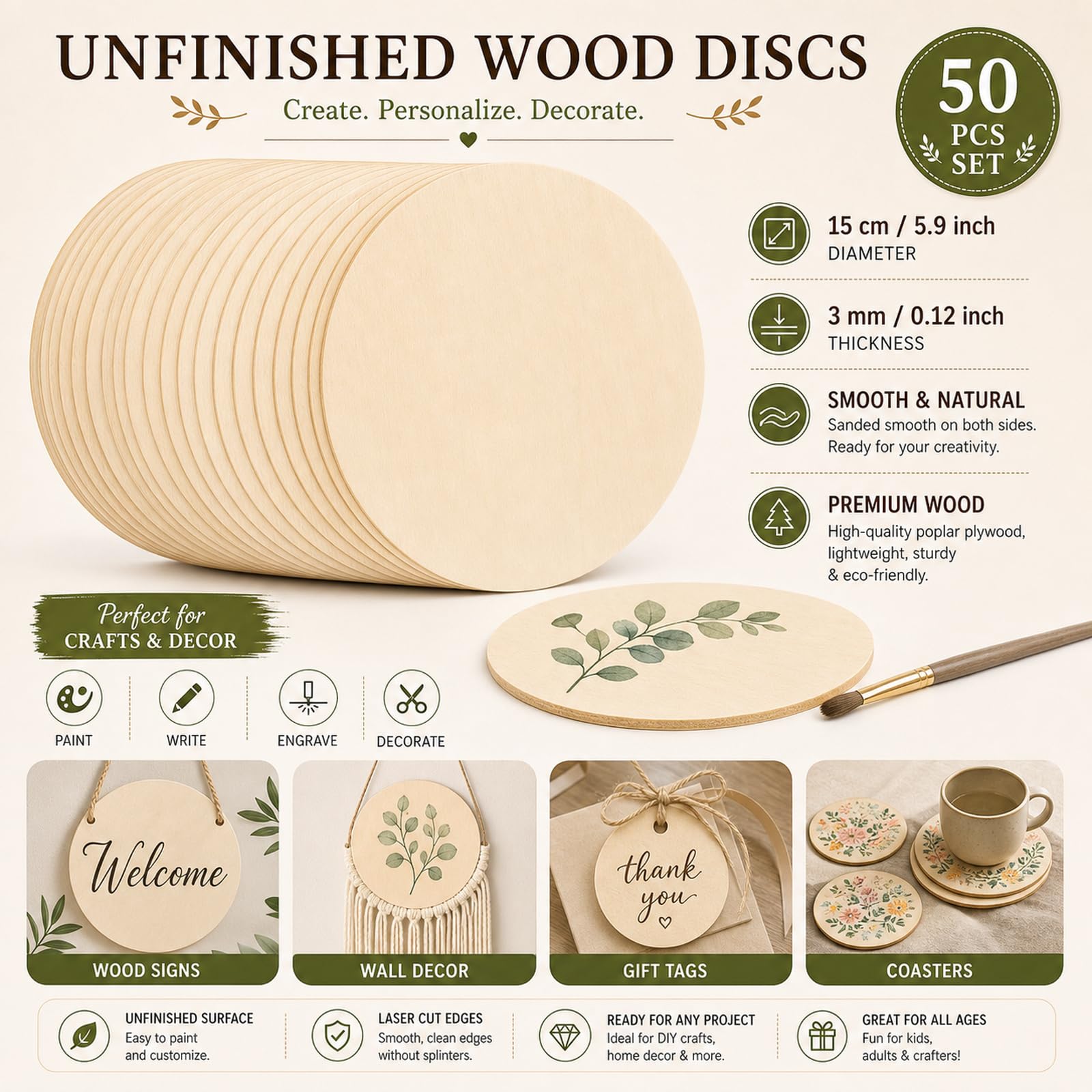 STARVAST 50 dischi di legno grezzo naturale, fetta di legno 15 cm con spessore 3 mm, tondi di legno per arti e mestieri, decorazioni natalizie, artigianato fai da te, 6 pollici