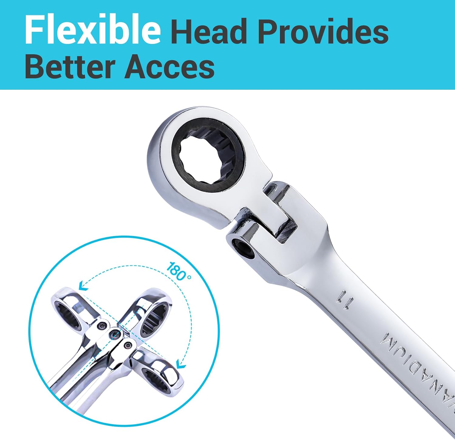 B4B BANG 4 BUCK 11mm Ratcheting Combination Wrench Metric, Flex Head Ratcheting Wrench Spanner with 12-Point Design, 72-Tooth Ratchet, Chrome Vanadium Steel