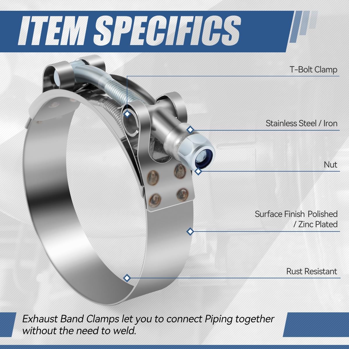 Auto Dynasty T-Bolt Hose Clamps for 2.5" ID, Pack of 8 Stainless Steel Turbo Intake Intercooler Clamps Set with L-Wrench, Working Range 2.6"-3" Hose ID, Polished/Zinc Plated Silver