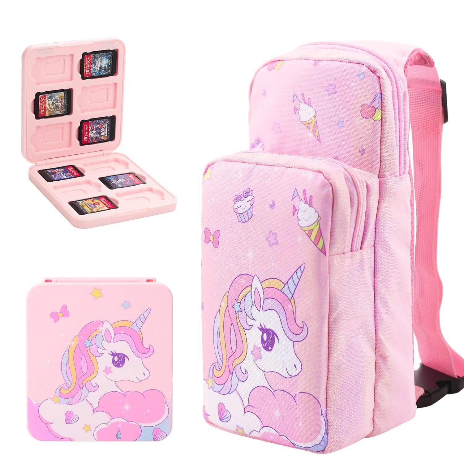 GLDRAM Borsa a tracolla compatibile con Nintendo Switch 2/NS/OLED/Lite, graziosa custodia portatile da viaggio per il trasporto con unicorno, kit di accessori per borsa a tracolla con custodia per