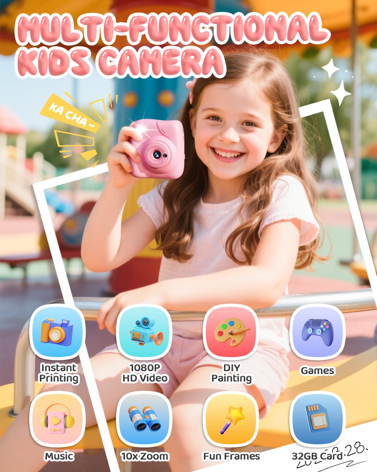 CAMCLID Macchina Fotografica Bambini Istantanea, 1080P HD Macchina Fotografica Istantanea 48MP con Scheda da 32 GB e 3 Rotoli di Carta da Stampa, Regalo per Ragazze Ragazzi da 3-12