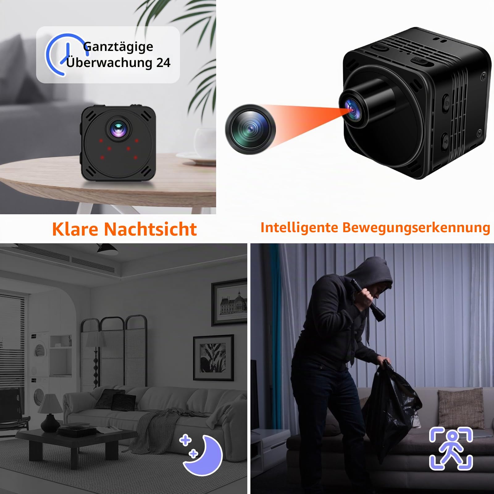 Mini HD Kamera 4K WiFi mit Akku, Nachtsicht & Bewegungserkennung | 3000mAh, 11h Laufzeit, 160° Weitwinkel, 256GB SD, Loop-Aufnahme