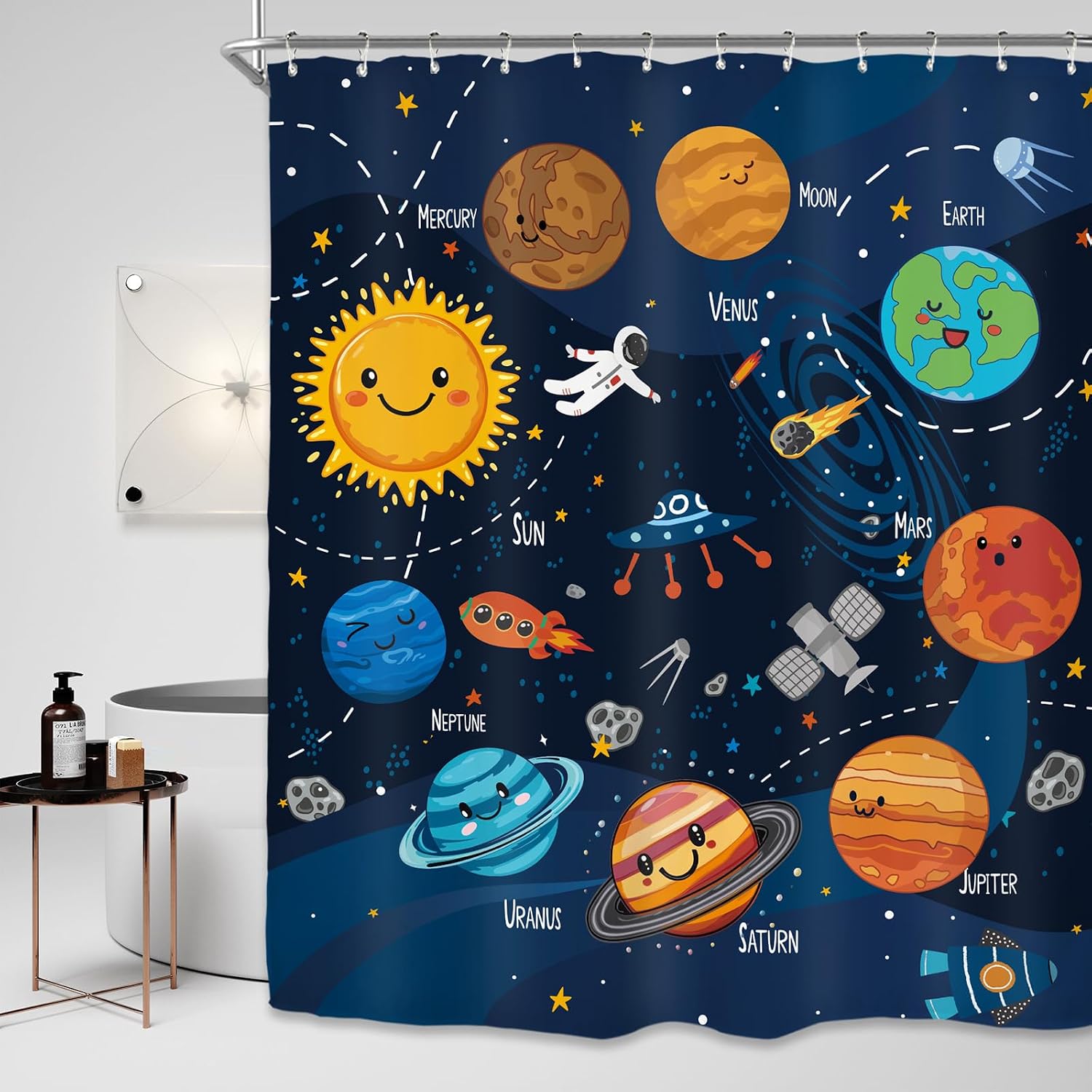 Miyotaa Outer Space Boys Shower Curtain Set 60Wx71H Inches Solar System Universe Knowledge Educational Learning Planet Astronomy Cartoon Polyester Waterproof Cloth Bathroom Curtain with 12 Hooks