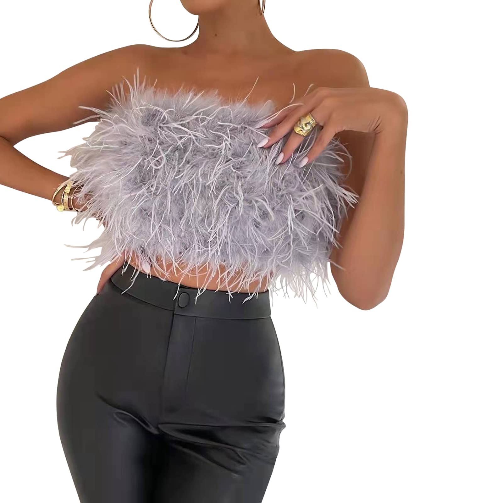 Sexy Tube Top for Women Artificial Fur Feather Vest Faux Fur Strapless Off Shoudler Fuzzy Tight Crop Top