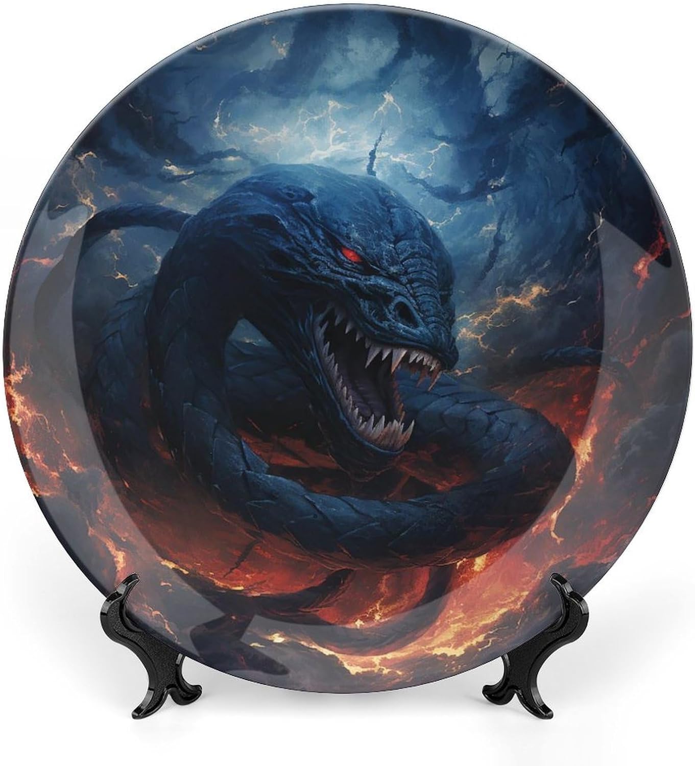 Bone China Decorative Plates Black Snake in Flames Ceramic Decorative Plate Wall Decor with Display Stand Ceramic Ornaments for Wall Hanging Decoration