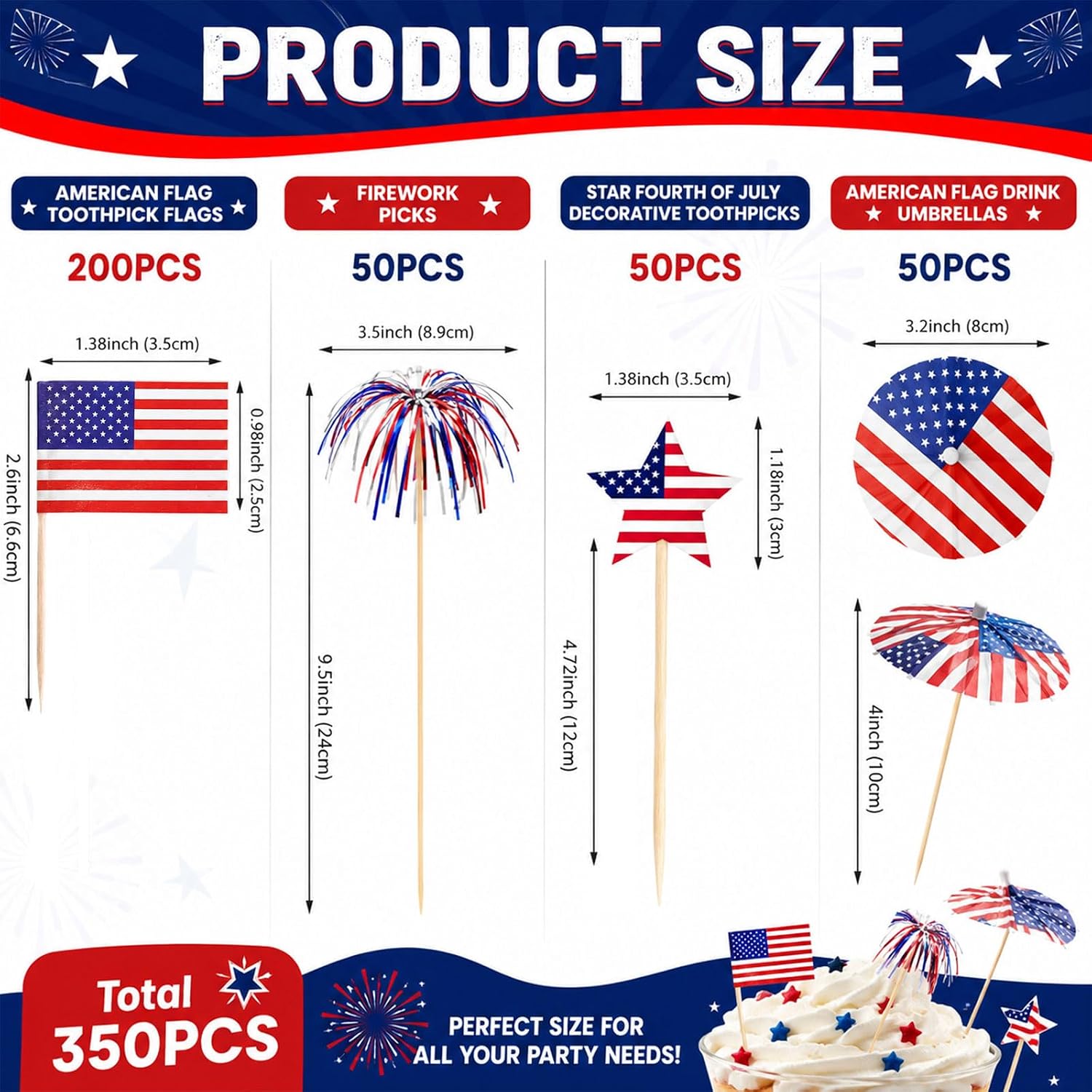 350 Pcs Patriotic cupcake topper, American Flag Toothpicks, Firework Picks, Star Cupcake Toppers, Cocktail Umbrellas, 4th of July, Memorial Day, Veterans Day & Independence Day Party Supplies