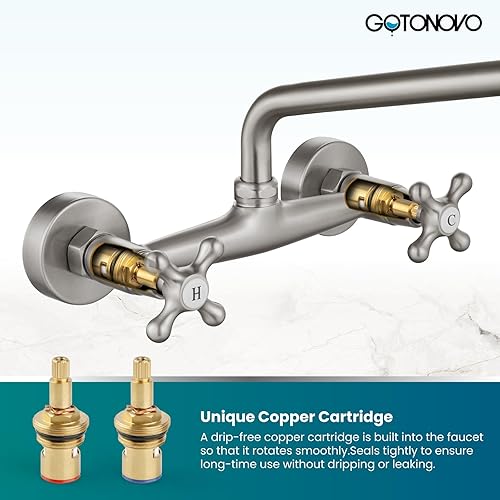 Miniatura 7 de gotonovo Grifo de montaje en pared de níquel cepillado de 8 pulgadas, 2 pomos cruzados, mango victoriano comercial con boquilla de 9 pulgadas