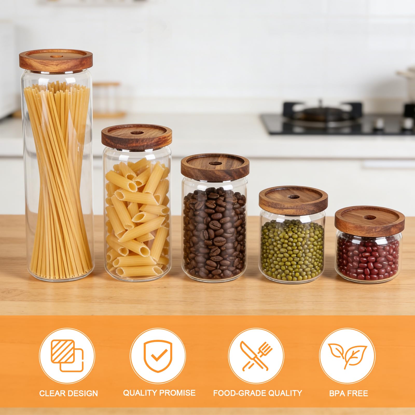efuturetime 4 Barattoli in Vetro Ermetici con Coperchio in Legno 1000ml/750ml/500ml/350ml, Barattoli di Stoccaggio Impilabili Ermetici da Cucina per Spezie per Conservare Cereali, Zucchero, Caffè, Tè