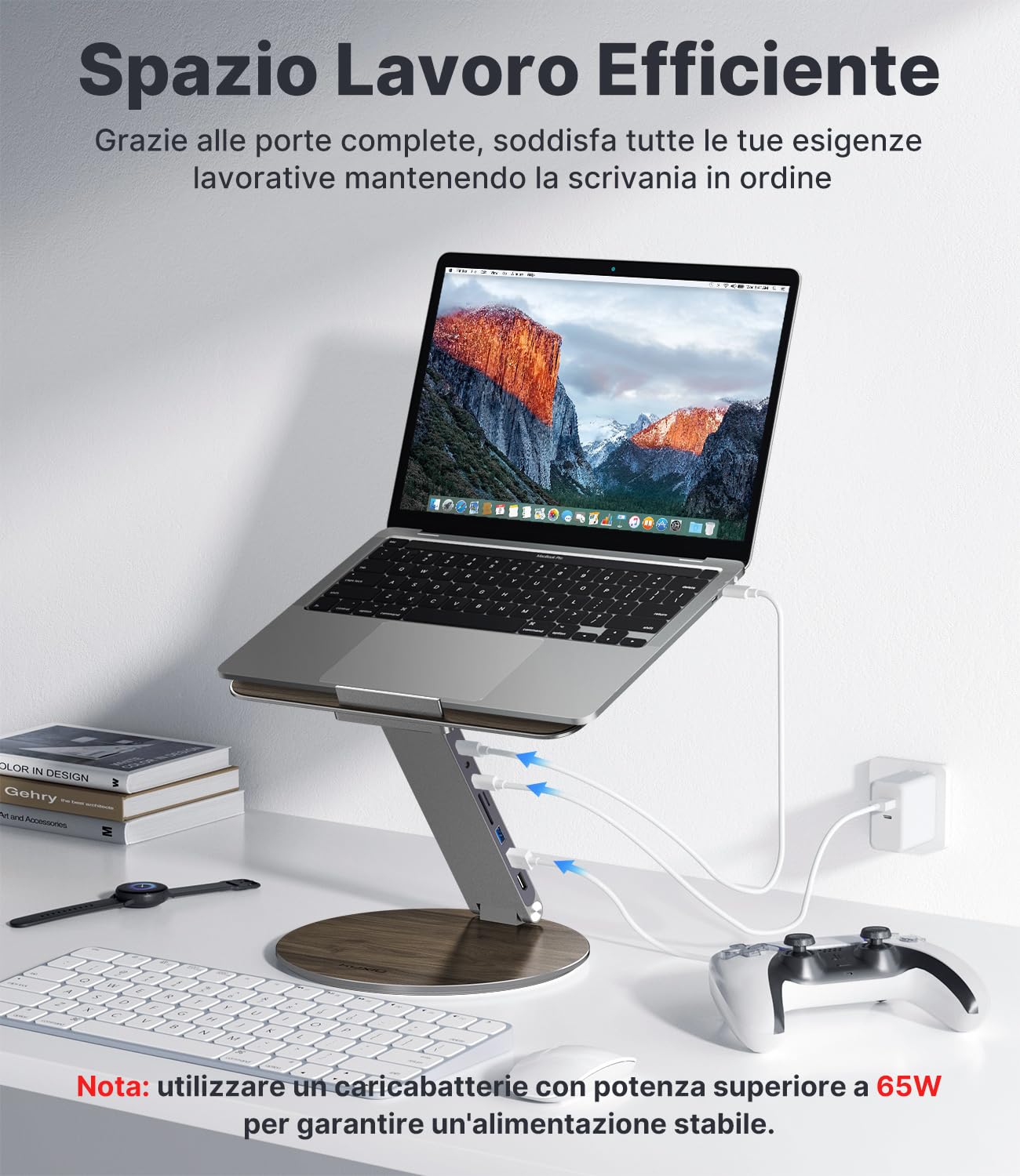 KU XIU Regolabile Supporto Laptop con Docking Station 8-in-1 Alluminio | Supporto con Base Girevole a 360°, Dual Display 4K60Hz HDMI USB 3.0 PD 100W Per MacBook Pro/Air Laptop da 10-17 Pollici