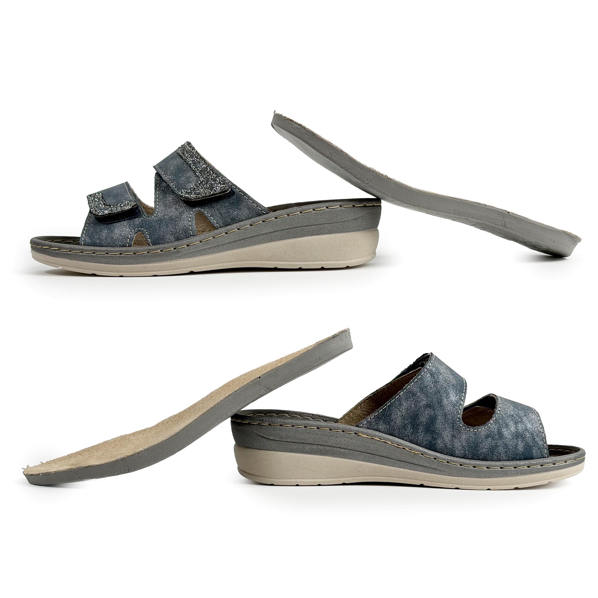 JOMIX Mules Femme Orthopédiques à Scratch Pantoufles d'Été Anatomiques Semelle Amovible en Cuir Véritable Sandales églables Compensées Confortables pour Pieds Sensibles et Senior Bleu 35
