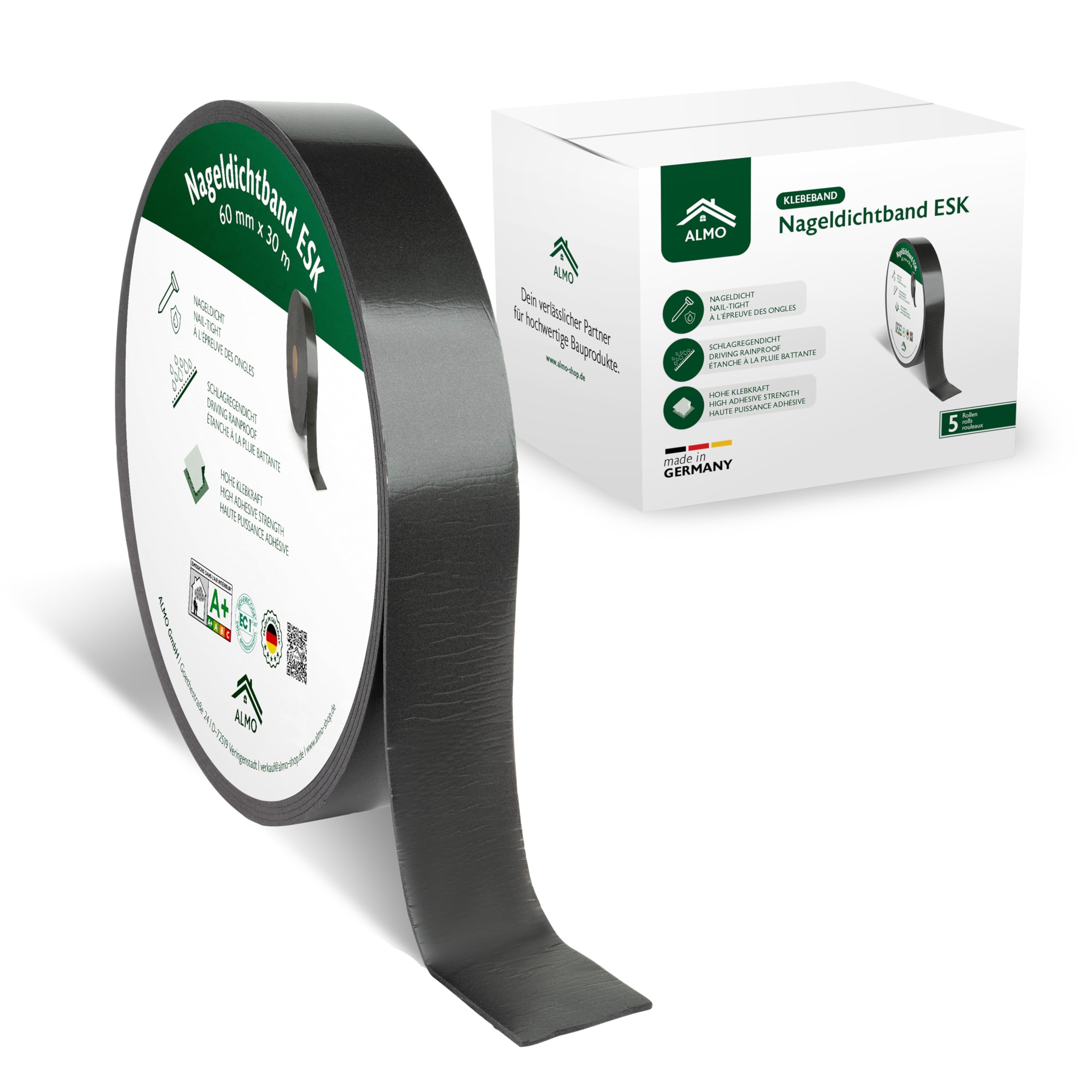 ALMO 5 rouleaux de bande d'étanchéité PE pour clous très adhésive (30m x 60mm) bande d'étanchéité bande de séparation autocollante pour sous-couches, Anthracite
