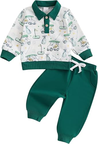 Toddler Boy Fall Clothes Fish/Golf/Dinosaur Print Long Sleeve Lapel Button Pullover Elastic Pants 2Pcs Outfits