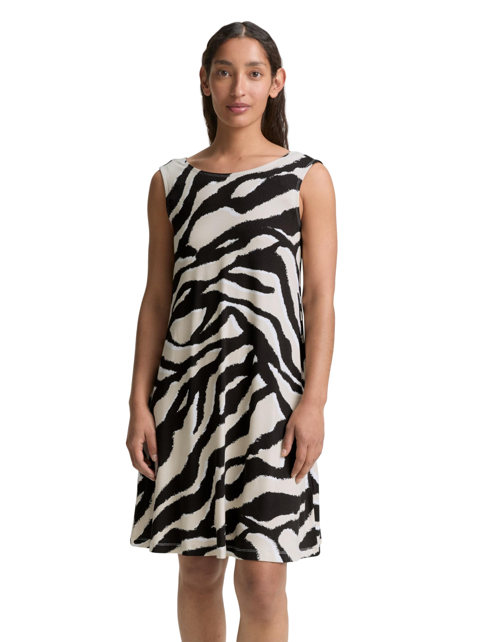 TOM TAILOR Women's Jersey Dress with Back Detail, 38070 - Abstract Beige Zebra, 10