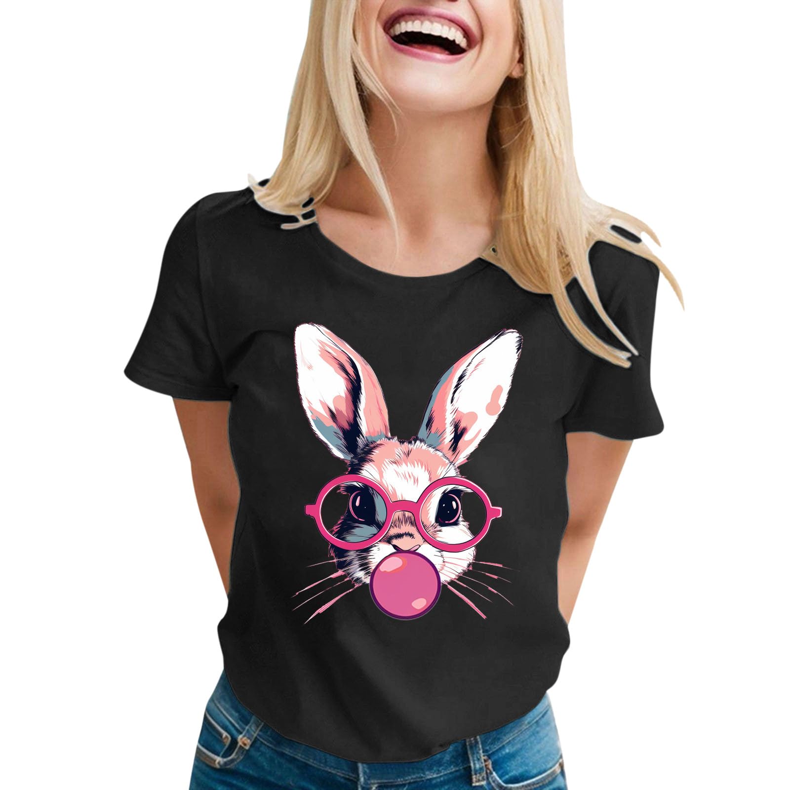 Women Casual Solid Color Round Neck Short Sleeved T Shirt Funny Printing Short Sleeved T Shirt Top (Black-d, XXL)