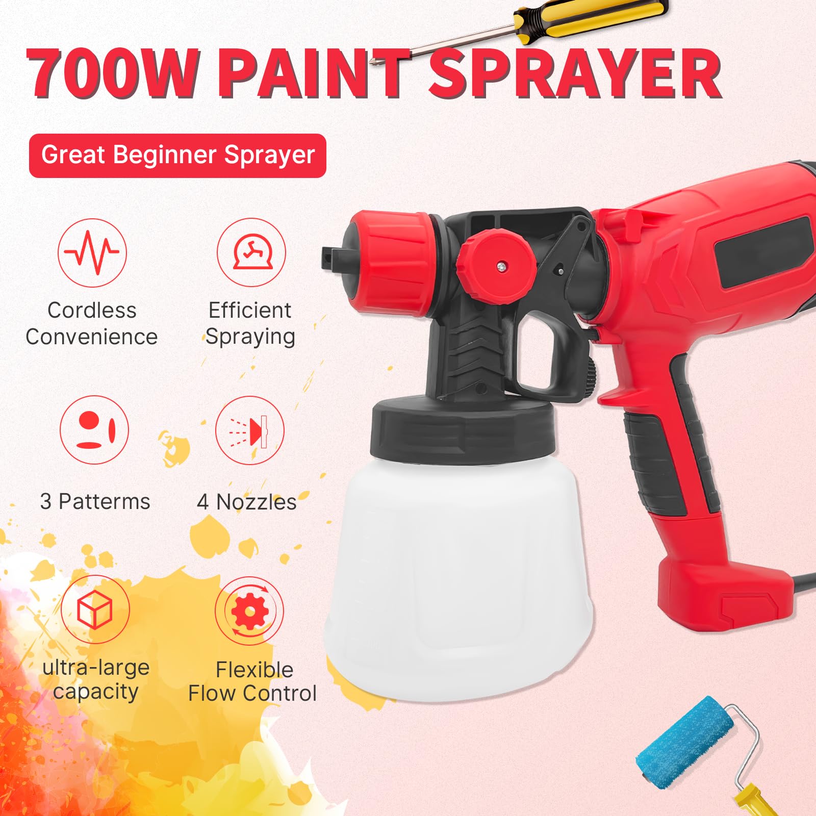 HOTREE Electric Paint Sprayer Gun, 800W HVLP Spray Gun With 1400ml Tank, 4 Nozzles, 3 Patterns, For Furniture, Walls, Fences, Cabinets