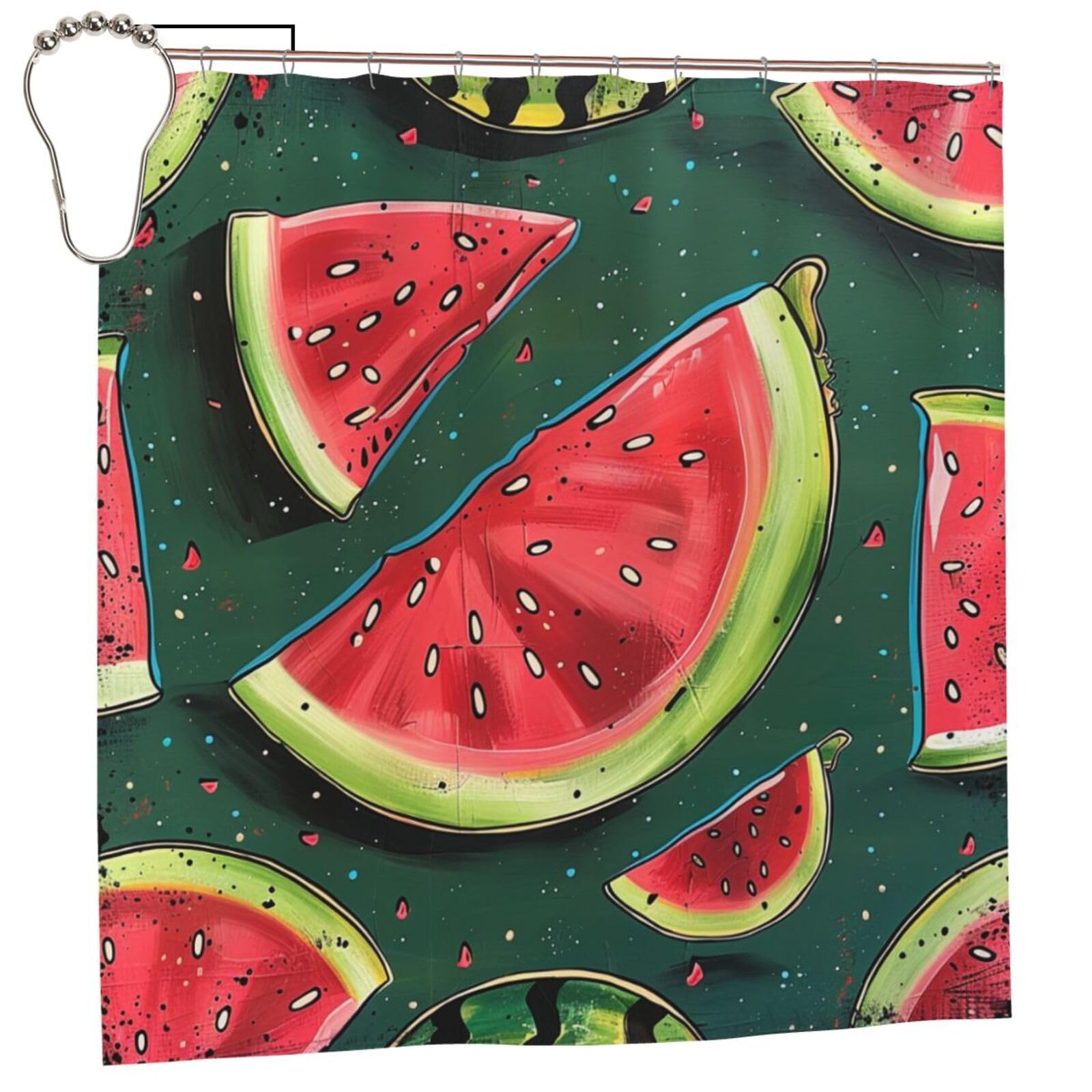 BWWHCCTI Watermelon Printed Shower Curtain With 12 Iron Hooks Opaque Quick Drying Waterproof Shower Curtains Sets For Bathroom 183x183 CM