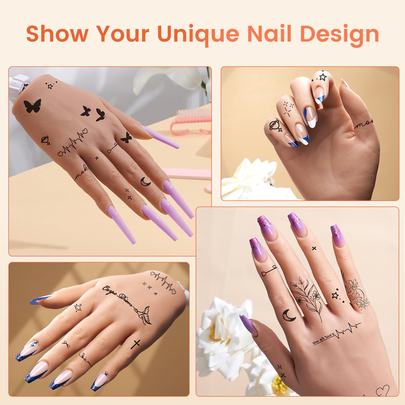 Deciniee Silikon Übungshand für Nageldesign: Flexibel Training Falsche Nägel Übungshand mit Stück Nagelspitzen/Nagel Pinsel/Nagelfeile- Nagelhandübungsmodell- Acryl Nagel-Set für Nagelmaniküre