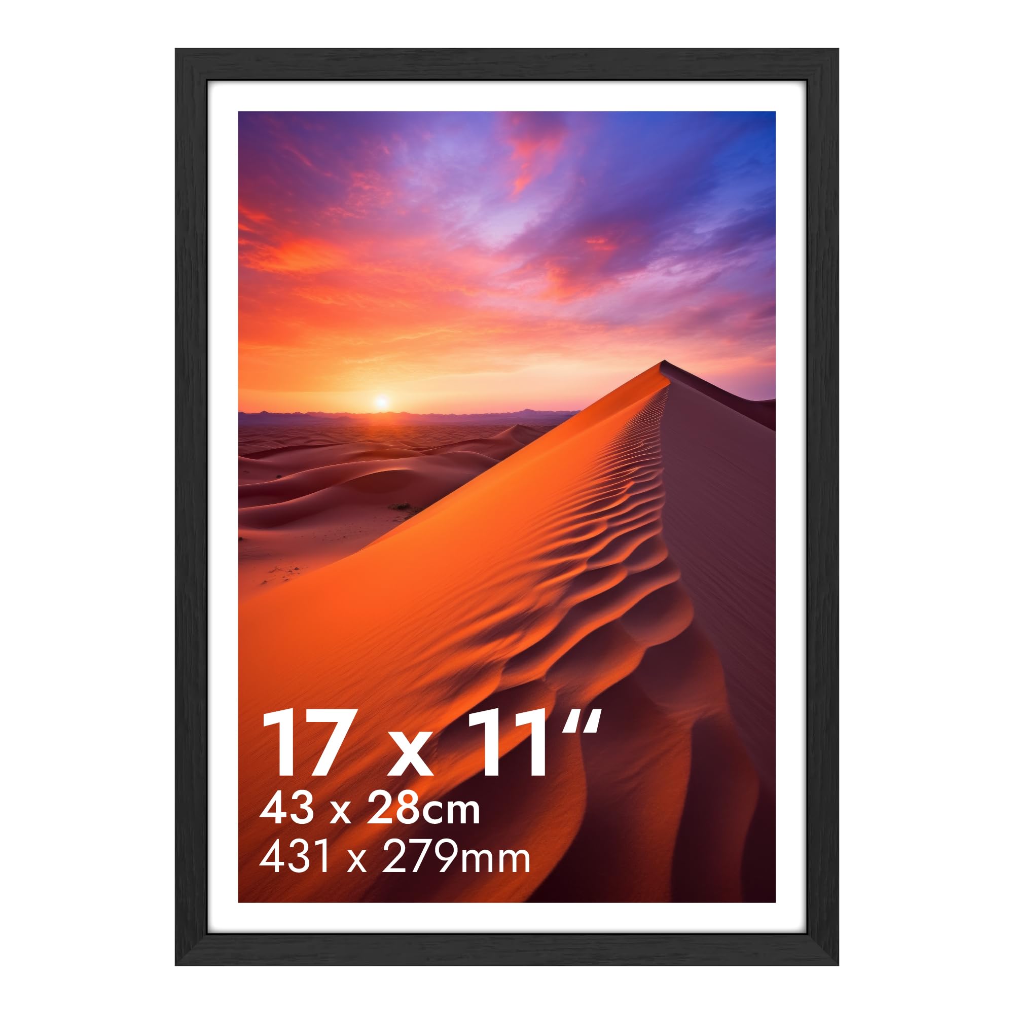 HNK Black Photo Frames 17x11 Inches Engineered Wood and Plexiglass, Photo Frame 43x28cm Dual Orientation Landscape or Portrait, Picture Frame 11x17 Wall Hanging Display Photos, Certificate