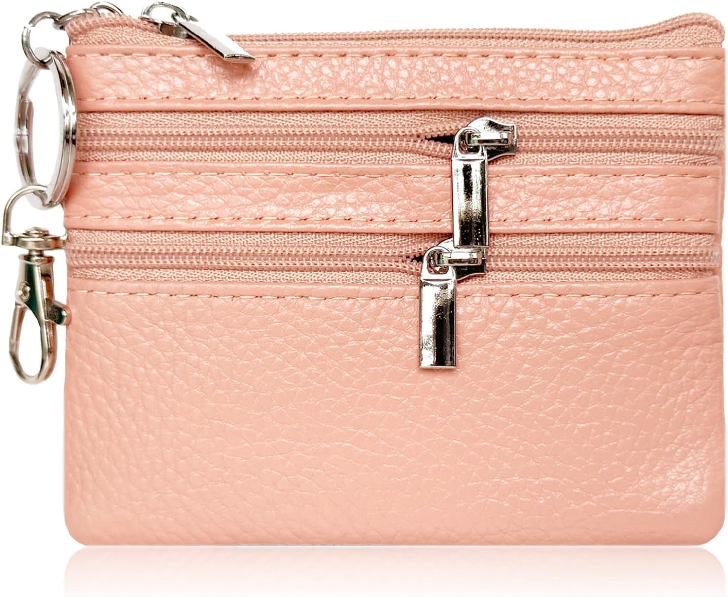 Genuine Leather Small Coin Purse Pouch Mini Wallet with Zipper Keychain for Women(3.54 x 4.33 inch, Peach Pink)