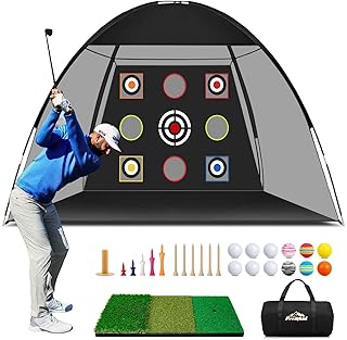 Premkid Golf Net, 10x7ft Golf Hitting Training Aids Nets for Backyard Driving Chipping, Golf Practice Net with XL Tri-Turf Golf Mat /12 Golf Balls /12 Golf Tees/Carry Bag, Indoor Outdoor Sports Game
